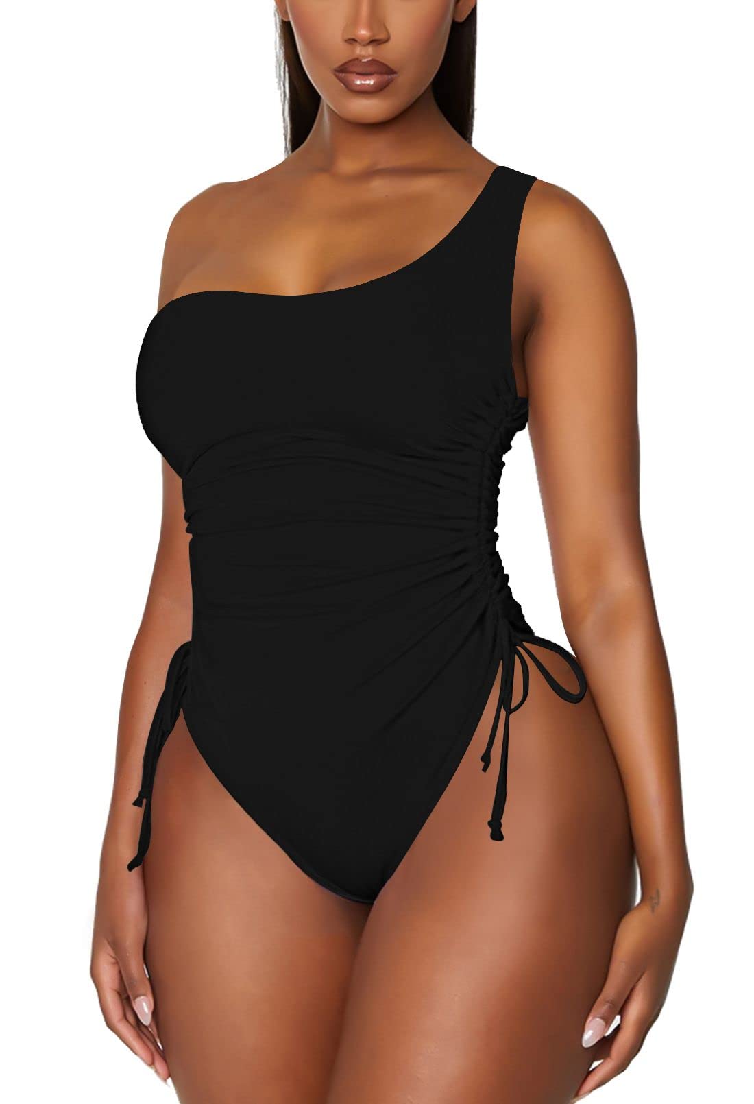 Linsery Women's Ruched High Cut Monokini One Piece Swimsuit - Tummy Control One Strap Bathing Suit for Beach, Pool & Summer Vacation