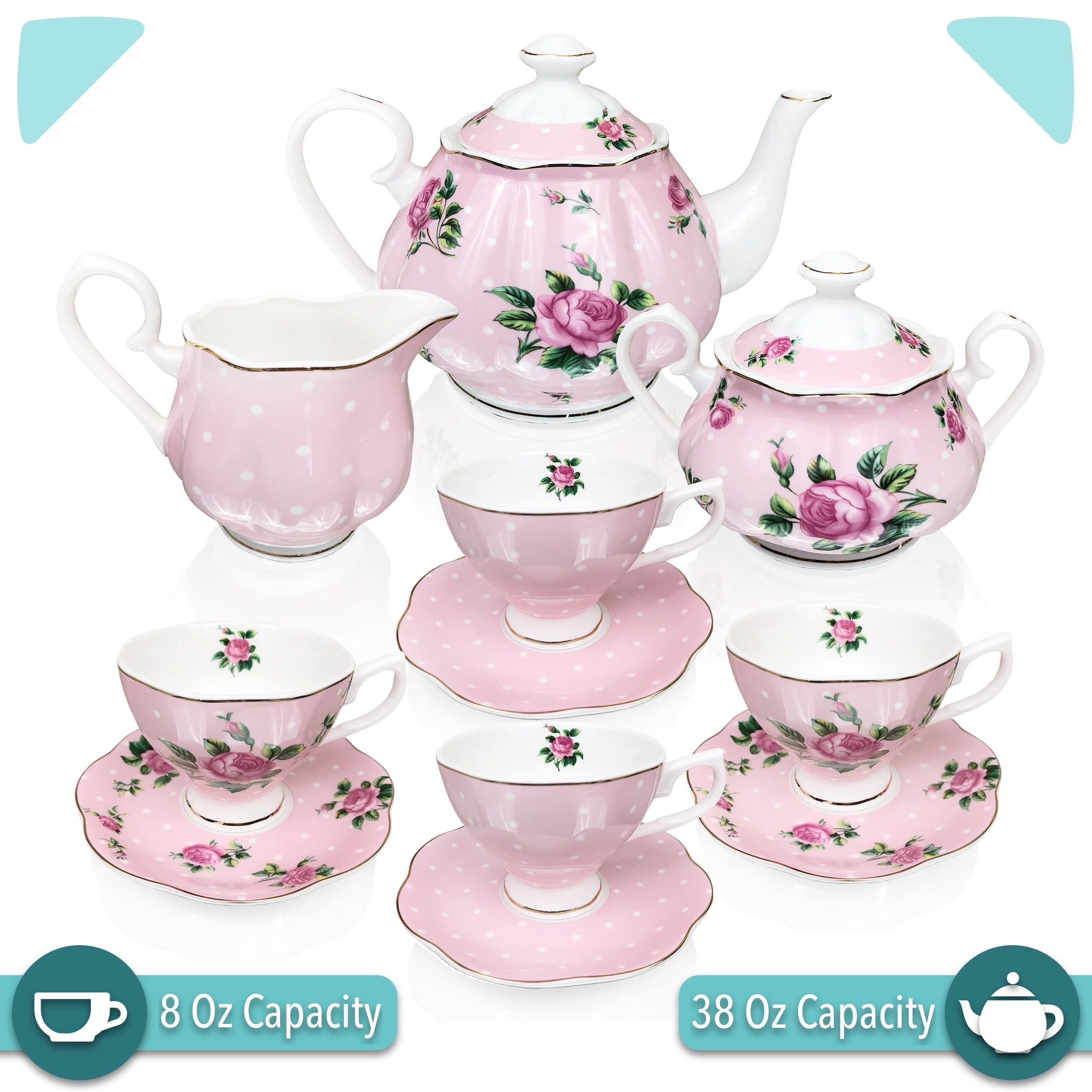 BTaT Floral Tea Set - 8oz Tea Cups, 38oz Teapot, Creamer & Sugar Bowl with Gift Box | Elegant Porcelain Tea Service for Women & Adults | Perfect for Afternoon Tea, Bridal Showers & Housewarming Gifts
