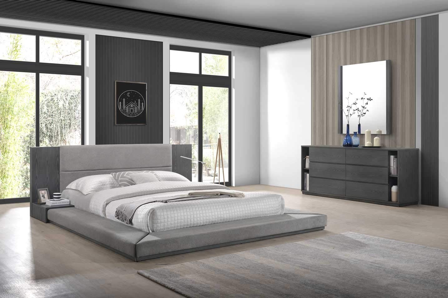 Modern Fabric Upholstered Queen Platform Bed with Veneer Finish & Built-In Nightstands - Cimarron Collection - Grey | Stylish Bedroom Furniture for Contemporary Homes