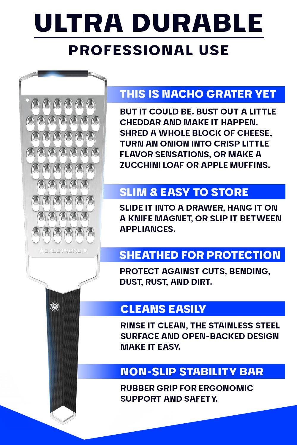 Premium Stainless Steel Wide Cheese Grater - Extra Coarse Shredder for Hard Cheeses | Dalstrong Professional Kitchen Tool | Perfect for Pizza, Pasta & Salad Toppings