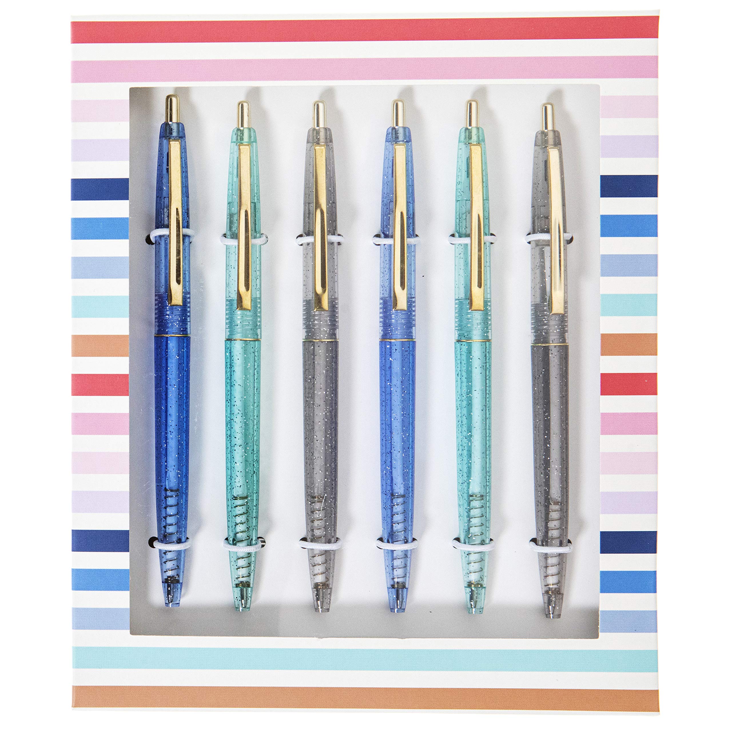 Premium Blue Glitter Pens with Gold Trim Set - 6 Pack Glitter-Infused Click Pens for Journaling, Scrapbooking & Office Use