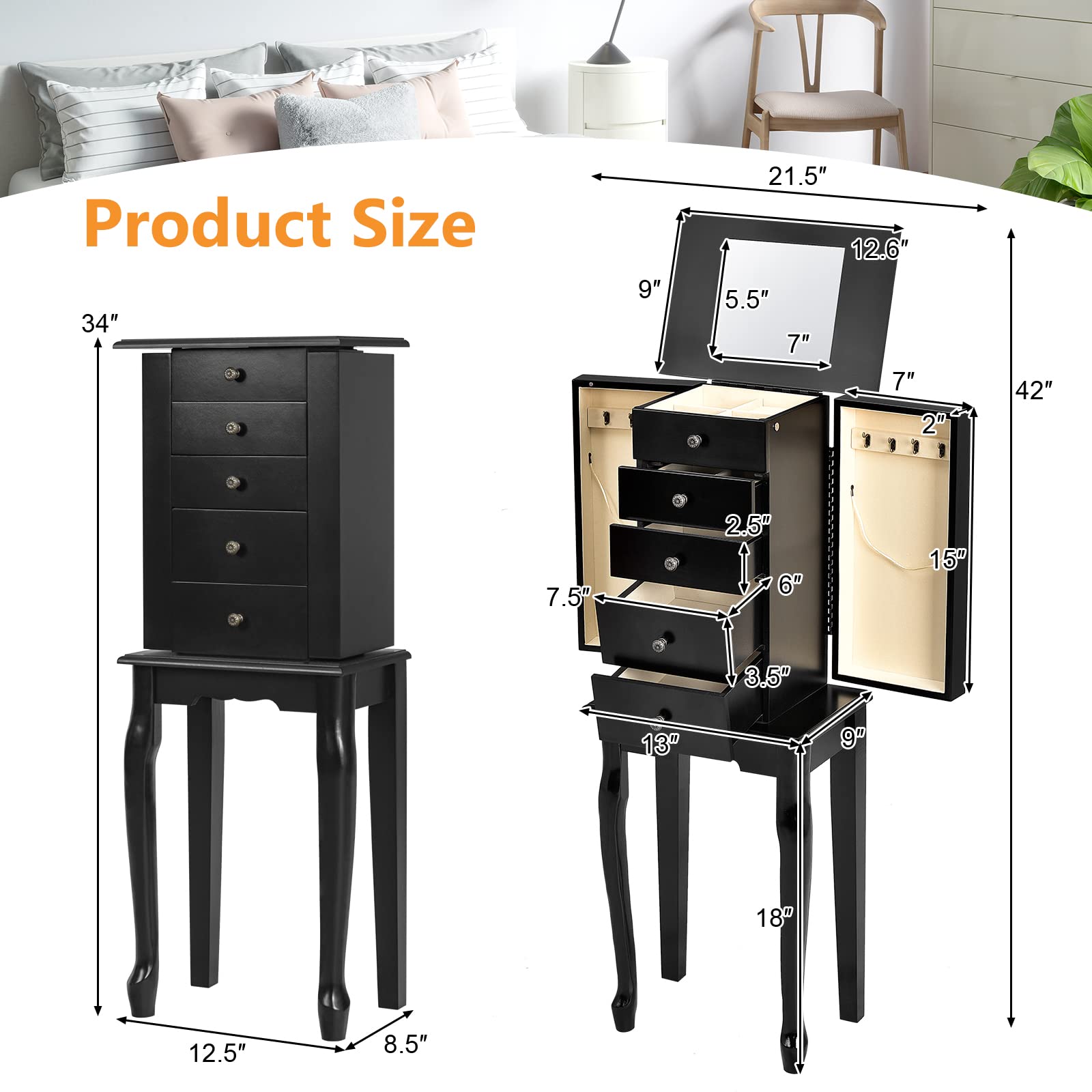 Byroce Jewelry Armoire Cabinet with Flip Top Mirror - 5 Drawers, 2 Doors & 8 Necklace Hooks - Standing Jewelry Storage Organizer for Women & Girls (Black) - Perfect for Bedroom, Closet & Dressing Room Organization