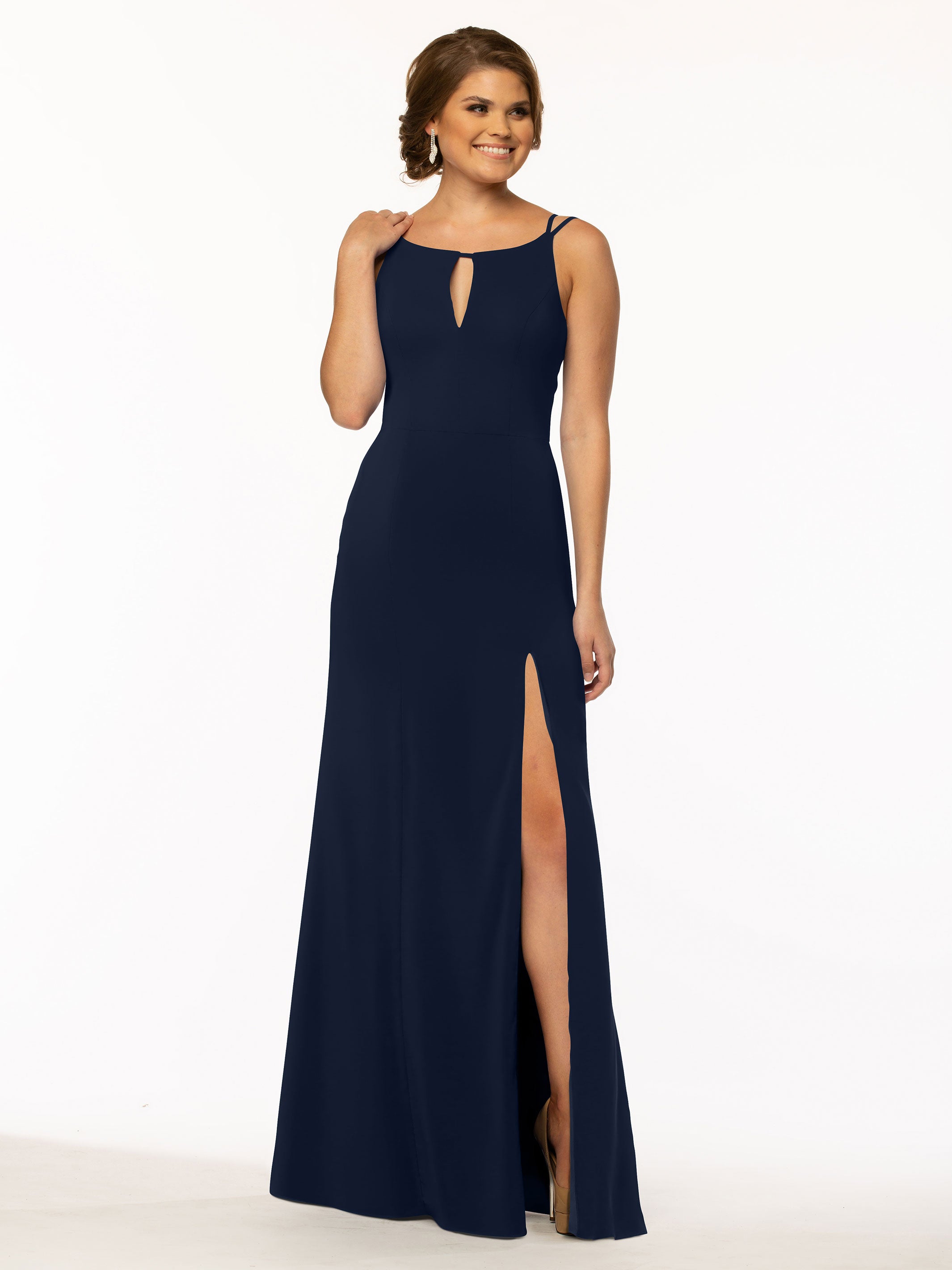 Elegant 83030 Sheath Stretch Chiffon Bridesmaid Dress with Bateau Neckline & Thigh Slit - Perfect for Weddings, Formal Events & Evening Parties
