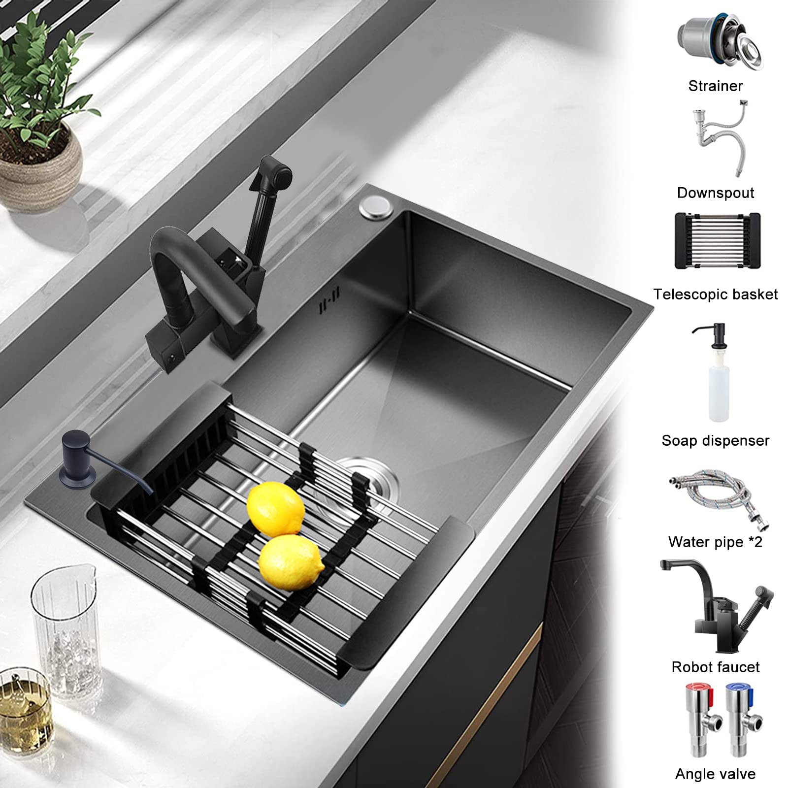 **Undermount Single Bowl Kitchen Sink with Faucet - 304 Stainless Steel, Large Capacity, Black Nano Coating, Thick & Durable - Perfect for Home, Restaurant, or Commercial Use**