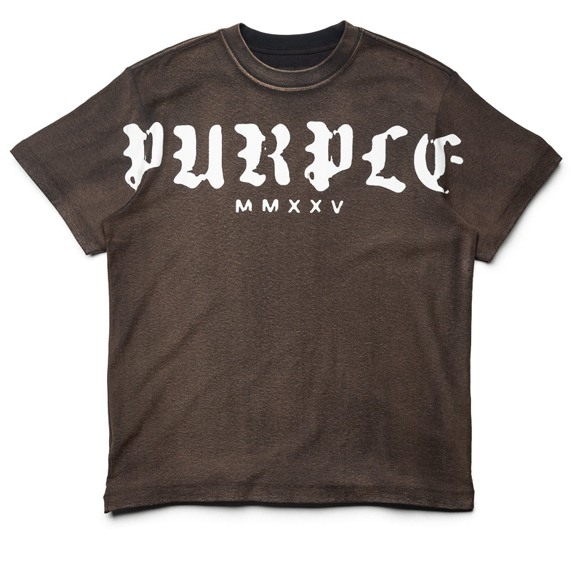 Purple Brand Gothic Wordmark Overdye T-Shirt in Orange | Vintage Streetwear for Men & Women | Perfect for Concerts, Festivals & Urban Fashion