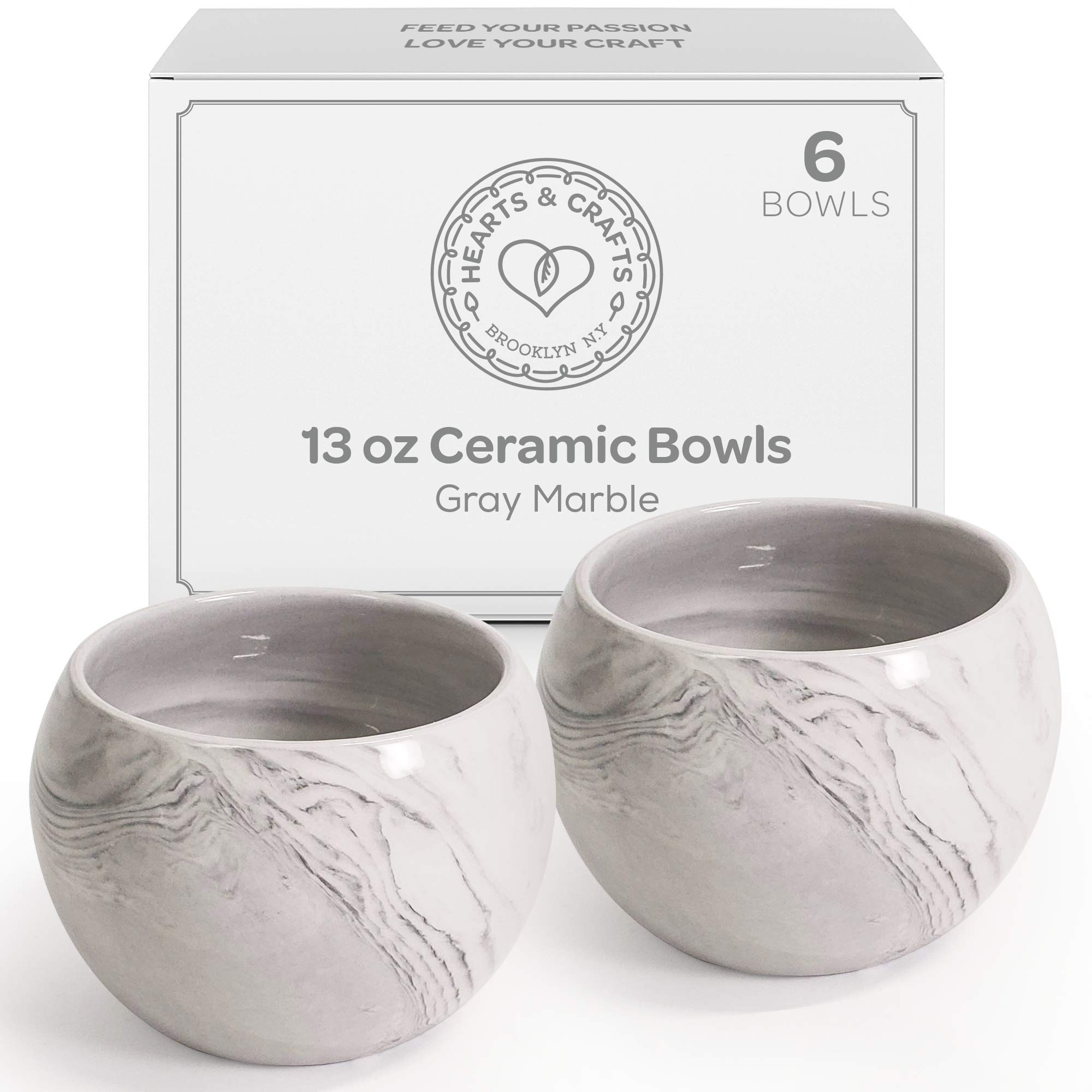Hearts & Crafts Gray Marble Ceramic Bowls - 13oz Set of 6 for Candle Making, DIY Crafts, Home Decor, Candy Storage, Planters & Gift Ideas - Elegant Multi-Use Ceramic Pots for Kitchen, Bathroom & Party Decorations