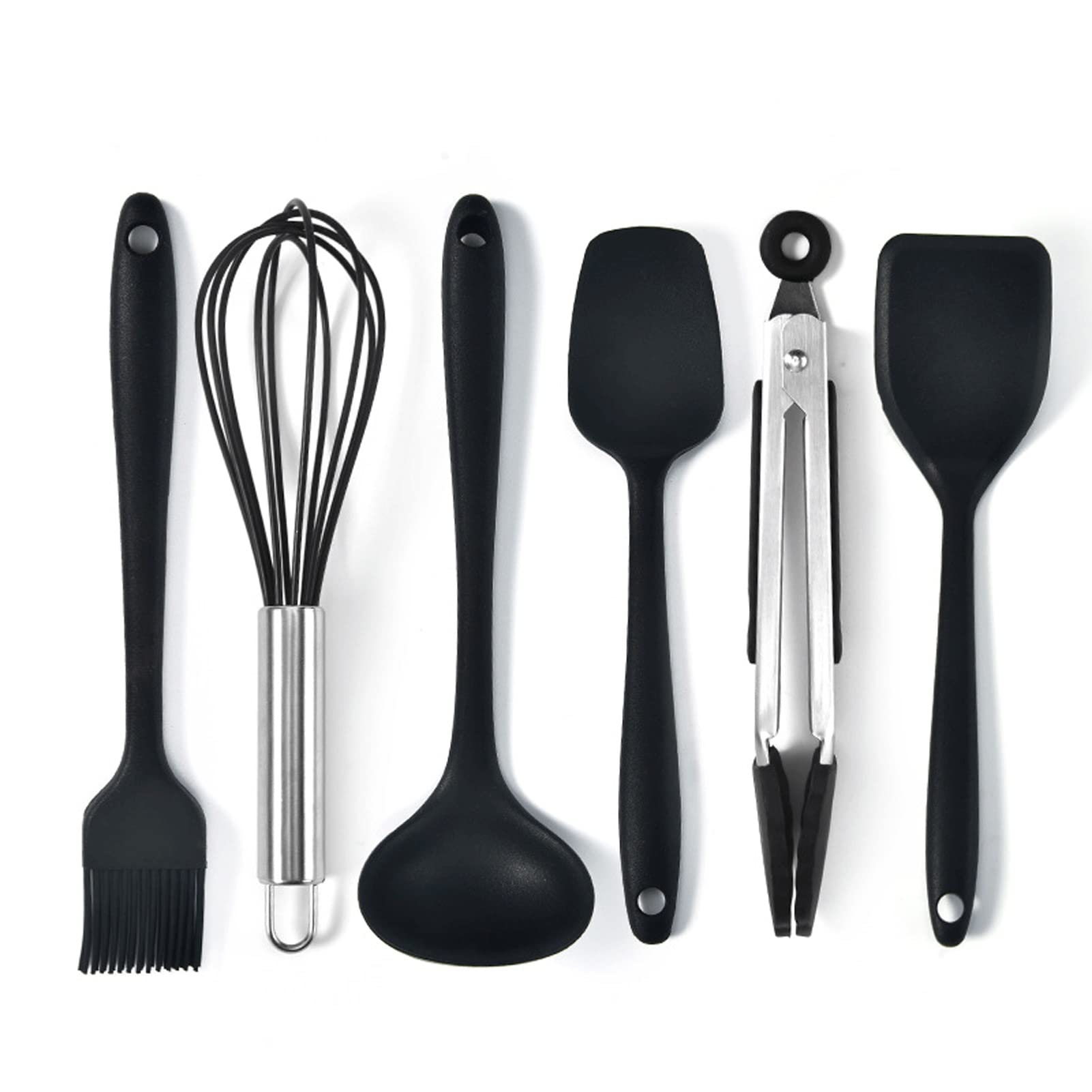 6-Piece Non-Stick Silicone Kitchen Utensil Set - Mini Cooking & Baking Tools for Kids Learning to Cook | Safe Complementary Food Spoons & Pots | Perfect for Home Baking, Toddler Cooking Classes & Meal Prep (Black)