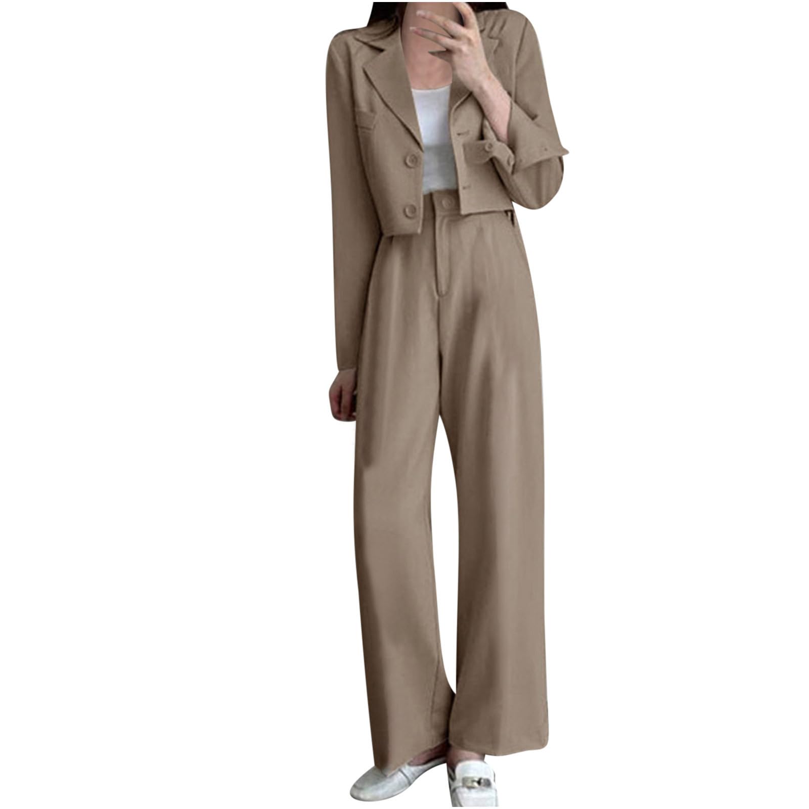 Women's Casual Two-Piece Suit Set - Blazer Jacket & Wide Leg Pants with Pockets | Lounge Wear, Office Outfit, Travel Matching Sets for Comfort & Style