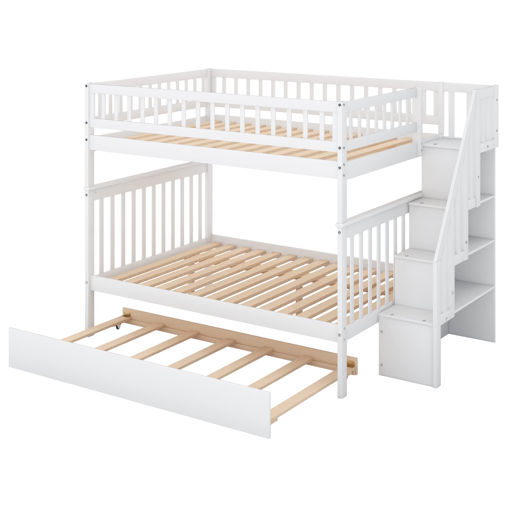 **Full Over Full Bunk Bed with Trundle - Solid Wood Bunk Bed Frame with Staircase, Slat Support & Safety Rails - Converts to 2 Separate Beds (White) - Perfect for Kids' Rooms, Guest Rooms & Small Spaces**