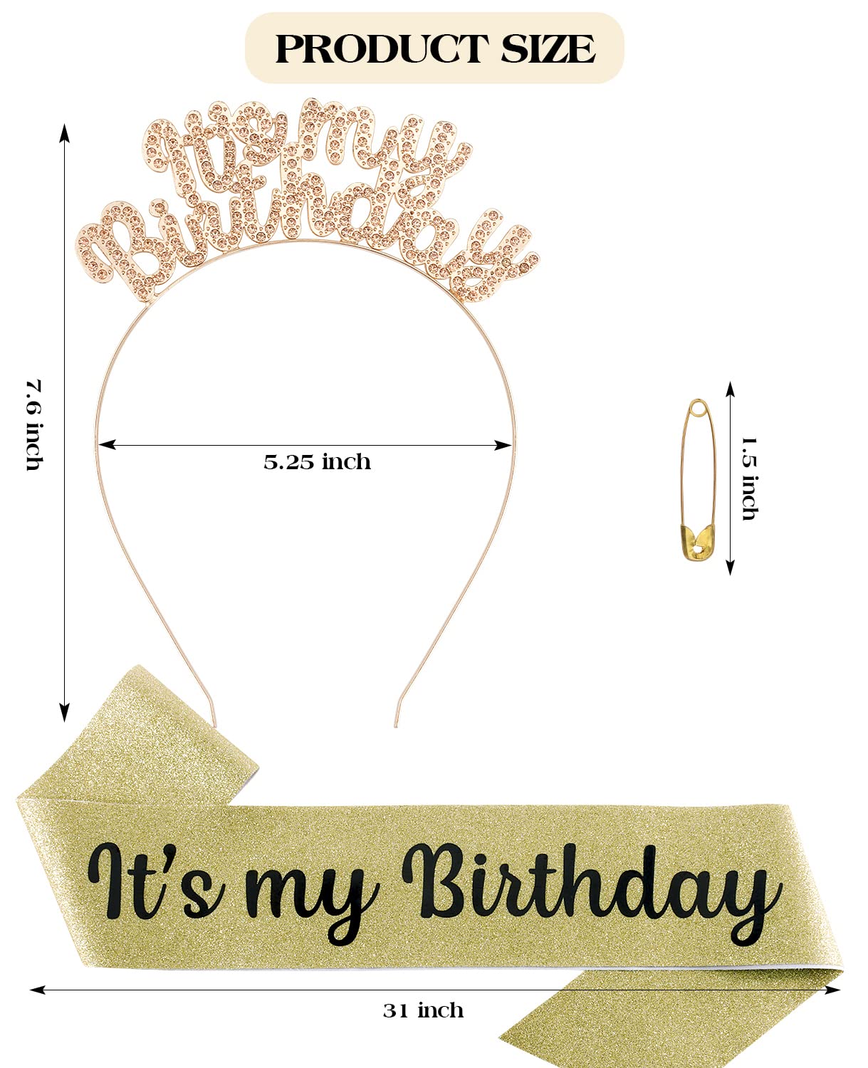 Birthday Crown for Girls & Women - Cute Birthday Tiara, Sash & Headband Set - Champagne Birthday Party Decorations & Gifts - Perfect for Birthday Celebrations, Princess Parties & Special Occasions