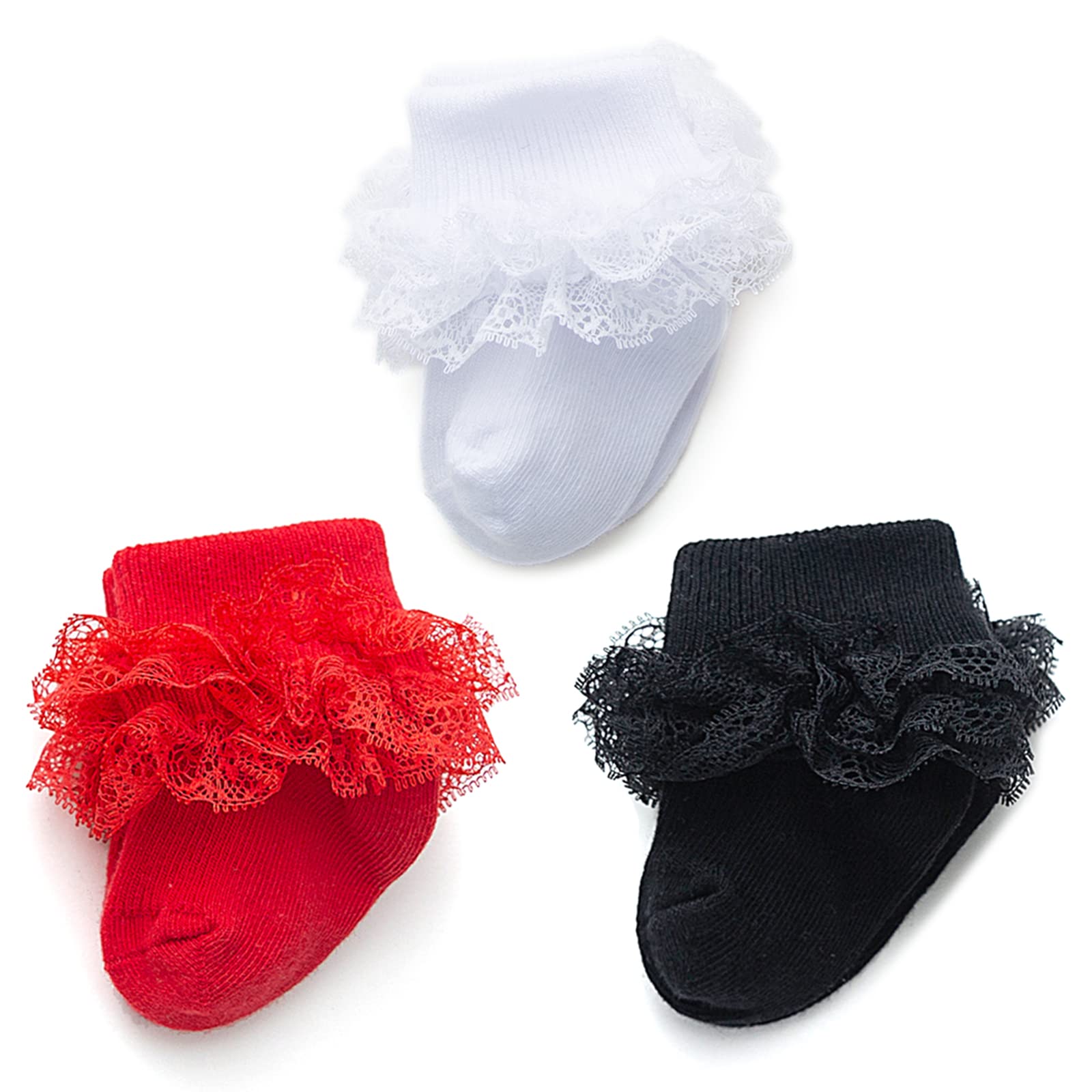 Baby Girl Socks with Eyelet Triple Lace Ruffles - 2/3/5 Pairs Ankle Dress Socks for Newborn Infant Toddler - Perfect for Special Occasions, Photo Shoots & Everyday Wear