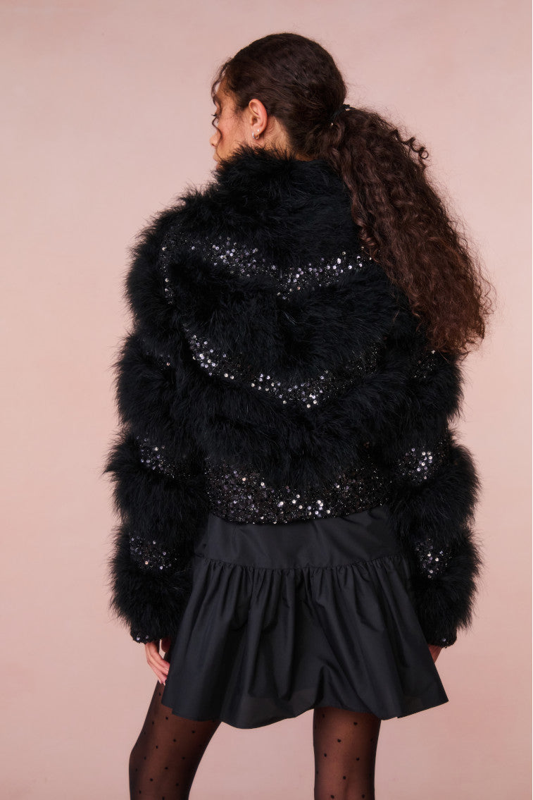 Curran Sequin Feathered Jacket for Women - Glamorous Party Blazer with Sparkle & Feather Trim | Perfect for Evening Events, Weddings & Night Out