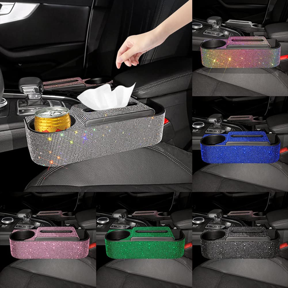 3-in-1 Multifunctional Car Seat Gap Organizer with Rhinestone Decor & Cup Holder - Black Car Storage Accessory for Tissues, Phones & Small Items | Perfect for Sedans, SUVs & Road Trips