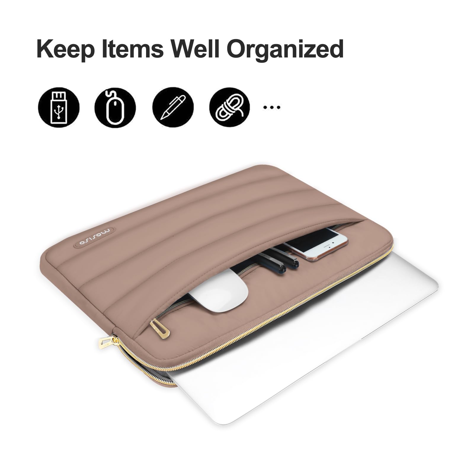 MOSISO 13-14 Inch Laptop Sleeve Case - Puffy Protective Cover Compatible with MacBook Air 13/13.6 M3 M2 M1, MacBook Pro 13/14, HP, Dell, ASUS, Lenovo - Horizontal Polyester Bag with Small Pouch (Brown) - Perfect for Travel, Office & School Use
