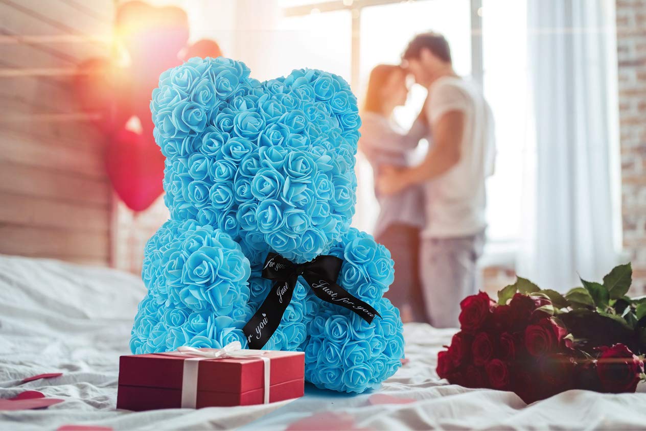 RECUTMS 10 Inch Artificial Rose Bear - Blue Rose Teddy Bear for Wedding, Party, Valentine's Day, Mother's Day, Anniversary & Birthday Gift - Romantic Home Decor & Special Occasion Present
