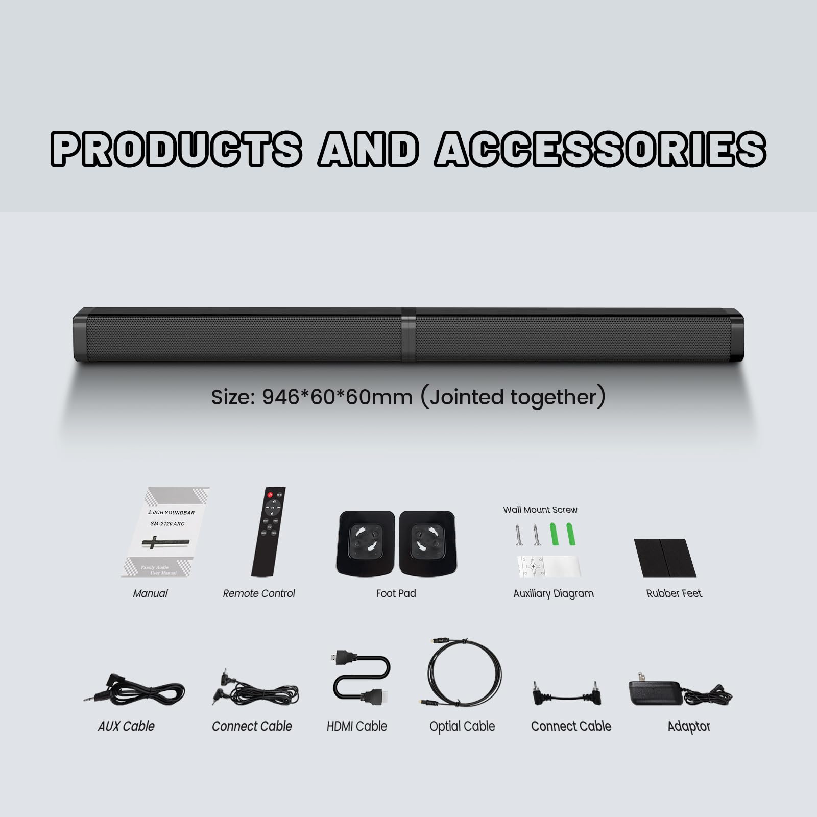 Premium 40W 2.1 Channel Bluetooth 5.0 Soundbar for Smart TV - Wireless & Wired Home Theater Speaker System with HDMI-ARC/Optical/AUX, Detachable Design for Enhanced Audio - Perfect for Movie Nights & Gaming Setup