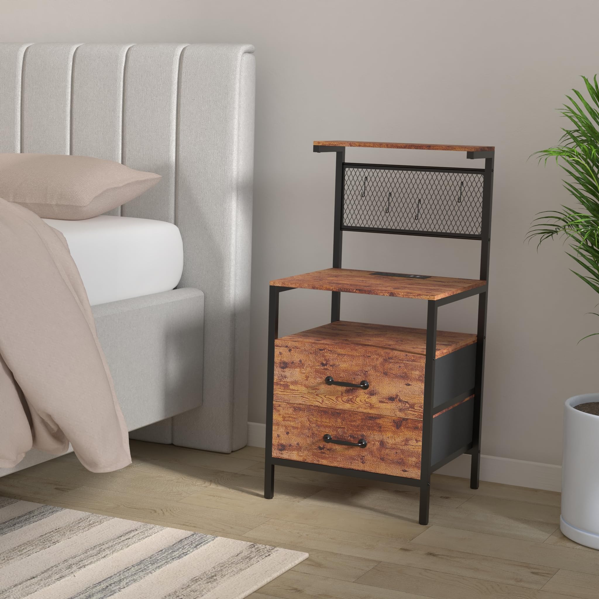 Rustic Brown Nightstand Set of 2 with Charging & LED Lights - Bedside Table with Storage for Bedroom