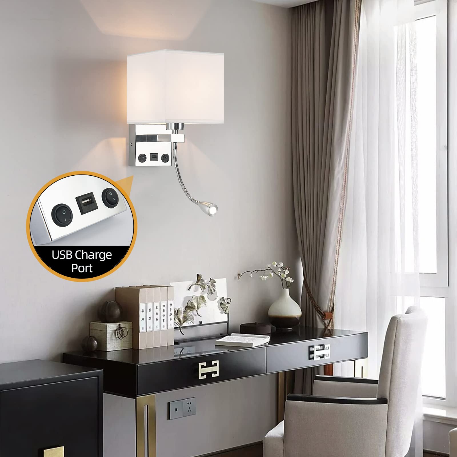 Modern Hardwired Wall Sconces with USB Port & Reading Light - Bedroom, Living Room, Office Wall Lamps - Silver Finish | Perfect for Bedside Night Reading, Hotel Lighting & Home Office Workspace