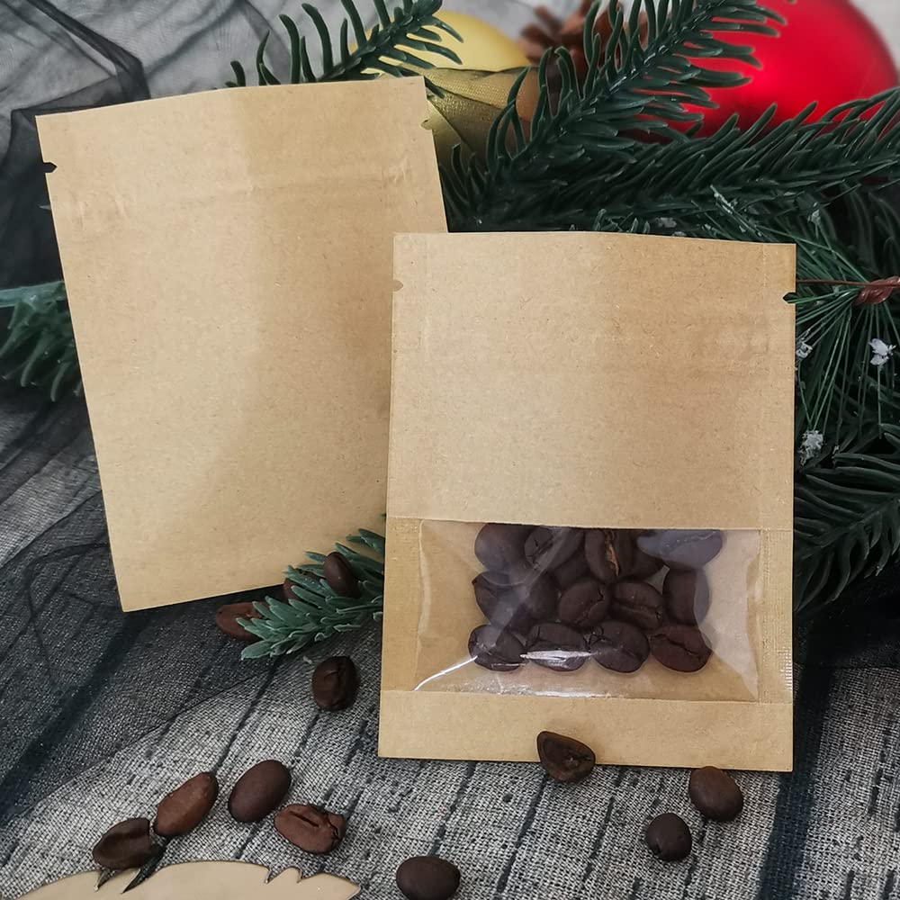 BEISHIDA 100 Pack 3.5 Inch Kraft Paper Resealable Bags with Clear Window - Small Airtight Heat Sealable Packaging Bags for Storage, Sample, Seed, Spice (Brown) | Perfect for Food Storage, Craft Supplies & Small Item Organization