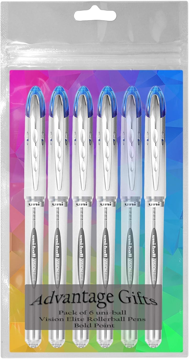 Uni-ball Vision Elite Rollerball Pens - 0.8mm Bold Point Blue Ink (6-Pack) with Reusable Pouch - Perfect for Office, School, Note Taking & Gift Giving