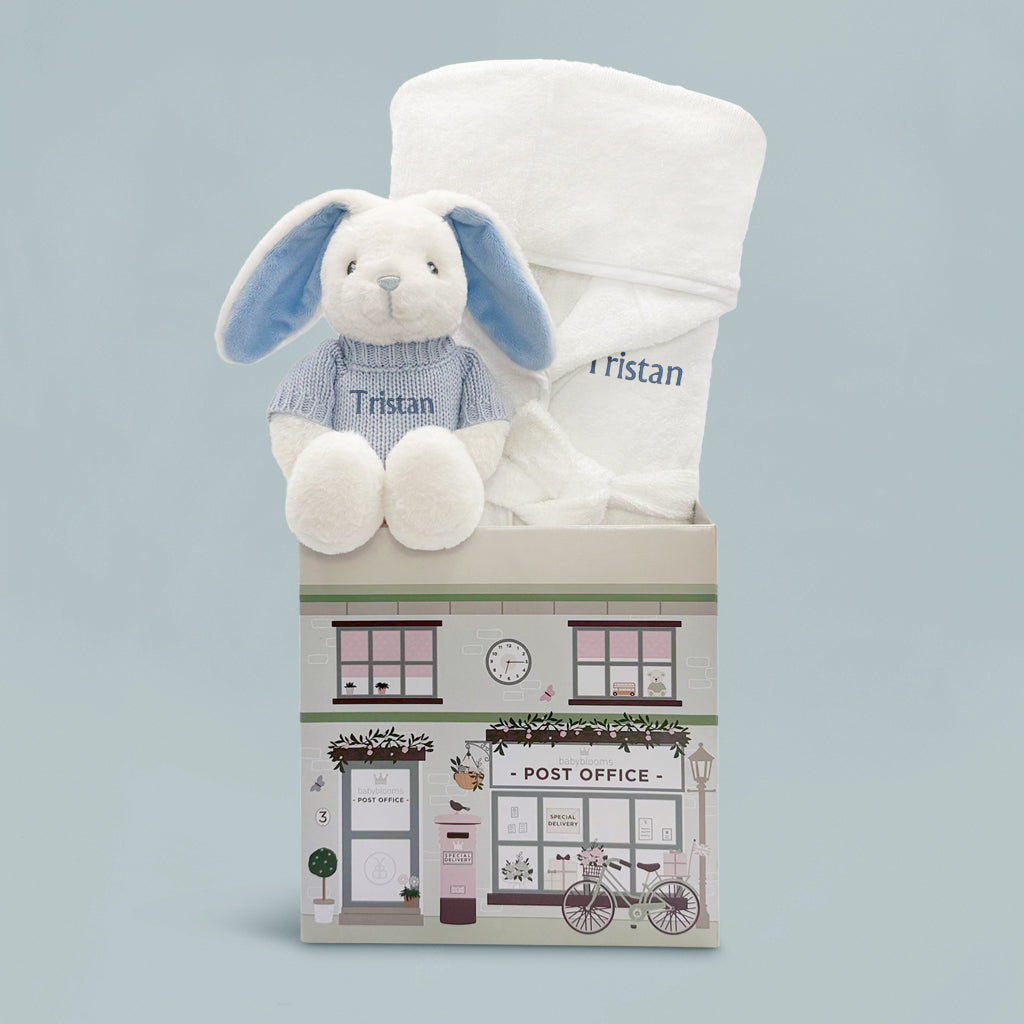Personalized Baby Bunny Bathrobe Set with Hamper - Blue & White for Newborn to 12 Months | Perfect for Baby Showers, Christenings & First Birthday Gifts