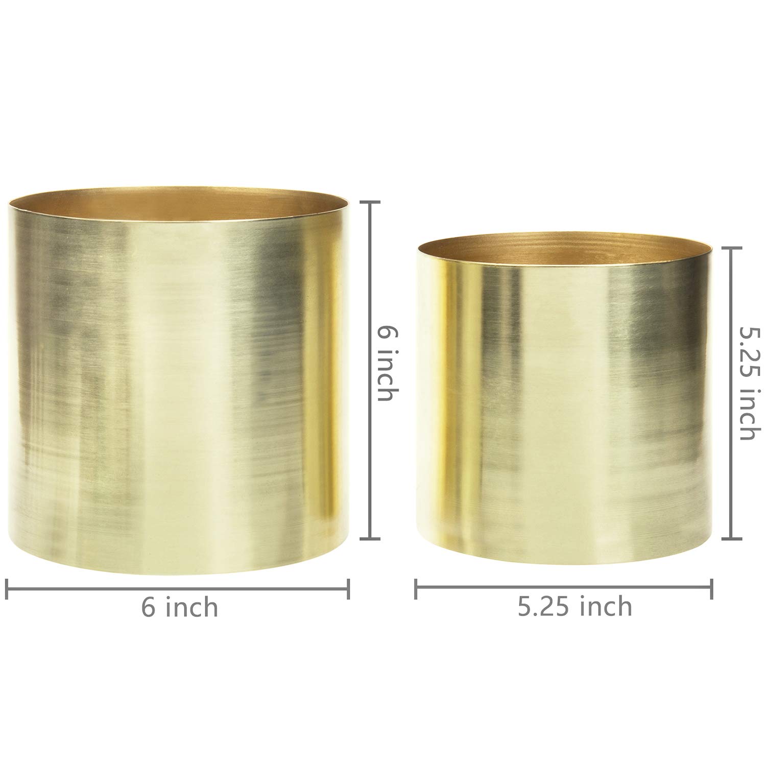 MyGift Modern Brushed Brass Plated Indoor Plant Pots - Set of 2 Cylindrical Metal Vases (5 & 6 Inch) - Handcrafted in India - Perfect for Home Decor, Office Plants & Succulent Arrangements