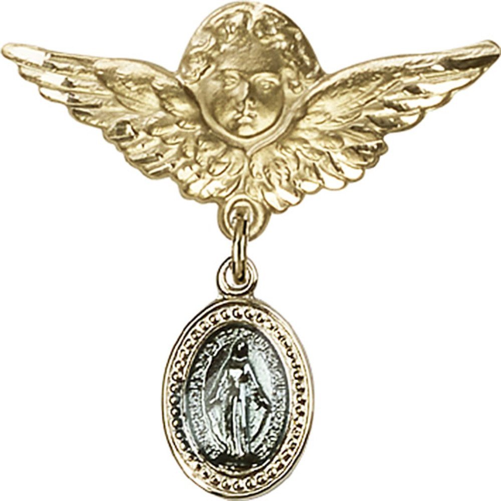 Gold Filled Baby Badge with Blue Miraculous Charm & Angel Wing Pin - 1 1/8 X 1 1/8 Inch - Perfect for Christening Gifts, Baby Showers & Keepsake Jewelry