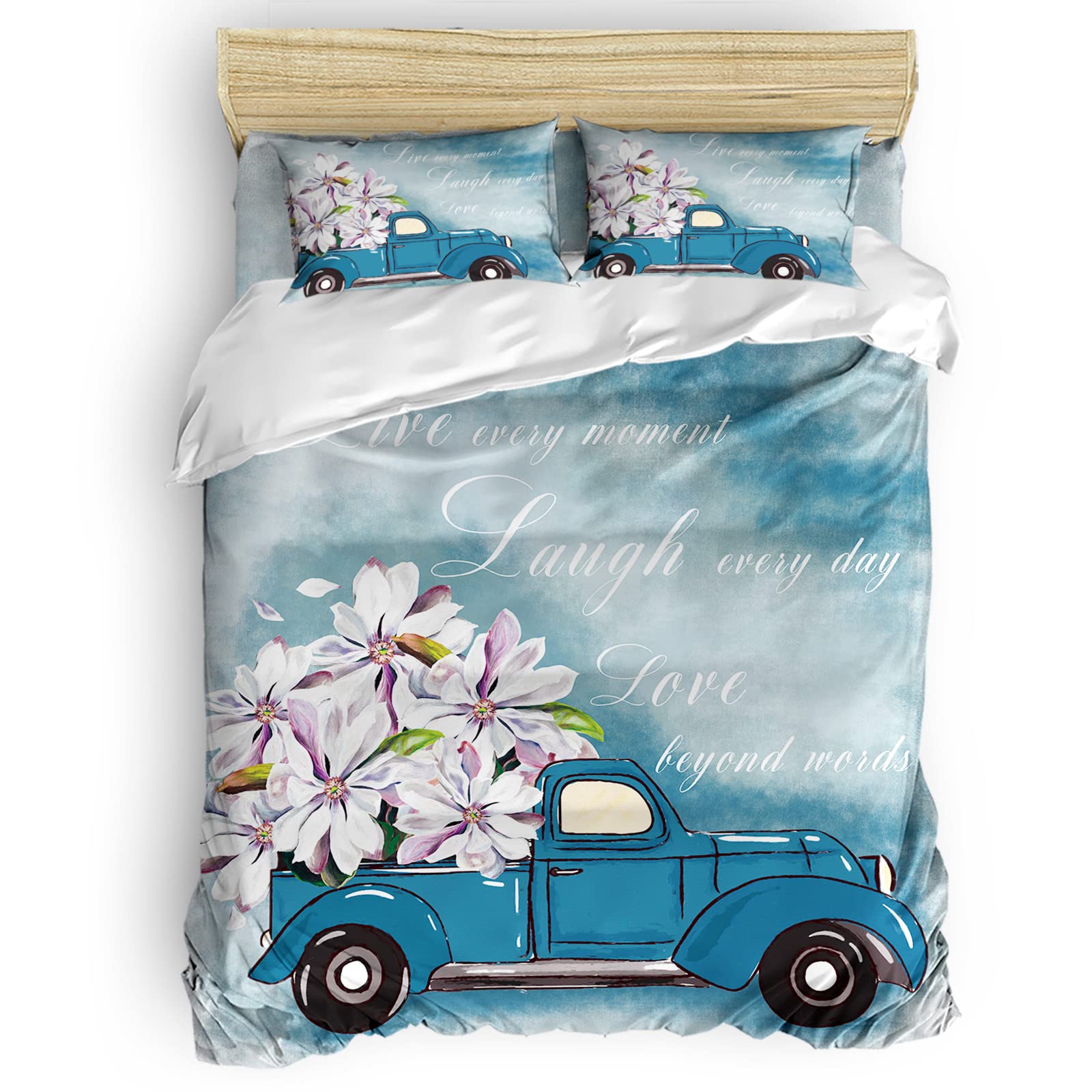 4-Piece White Magnolia Truck Luxury Duvet Cover Set - Floral Oil Painting Design, Soft Blue Quilt Cover with Hidden Zipper for Kids & Adults (California King Size) - Perfect for Bedroom Decor, Guest Rooms & Cozy Farmhouse Style Homes