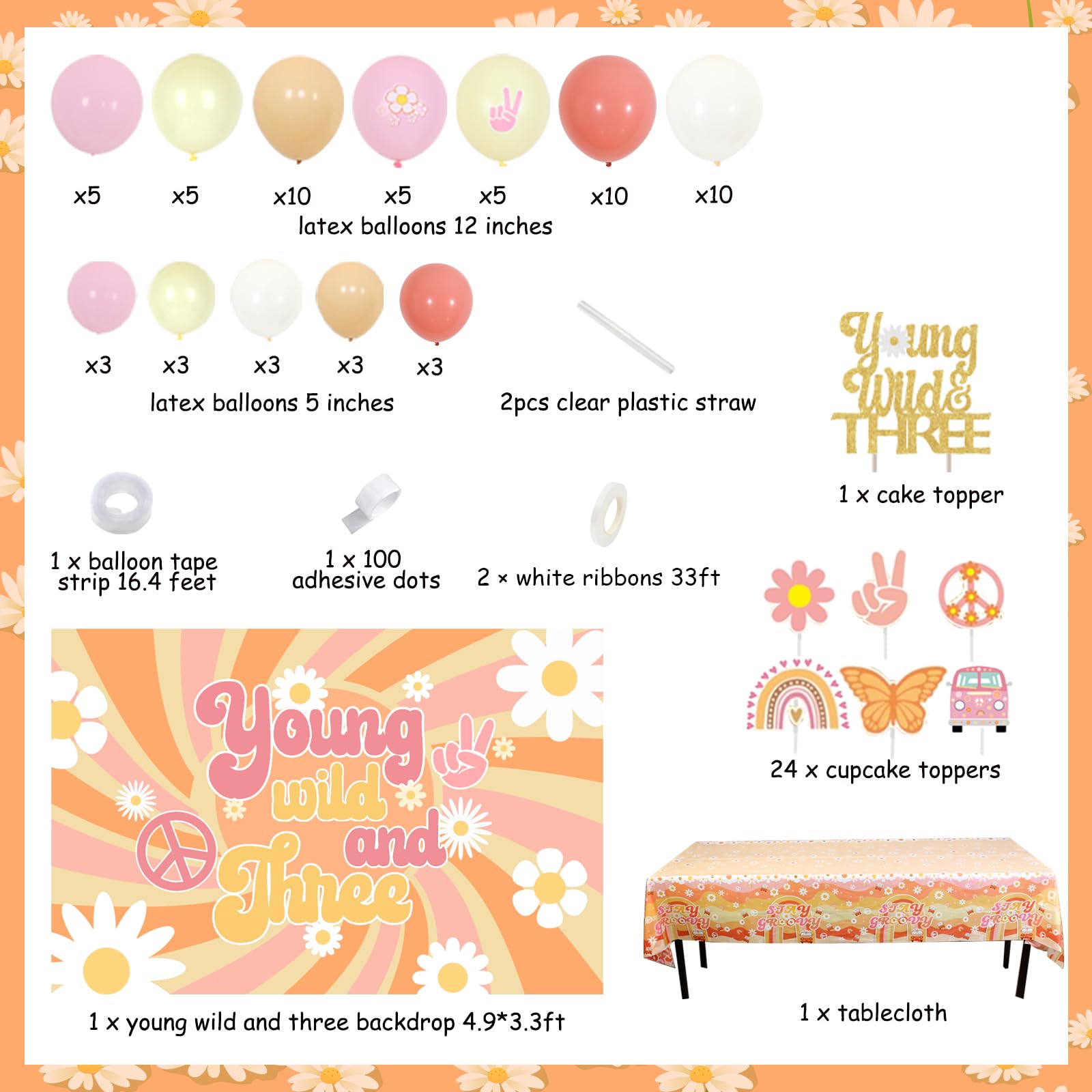 Cheereveal Young Wild and Three Birthday Decorations - Groovy 3rd Birthday Party Supplies Kit with Balloon Garland, Backdrop & Tablecloth | Perfect for Hippie Themed Birthday Celebrations, Baby Showers & Boho Decor