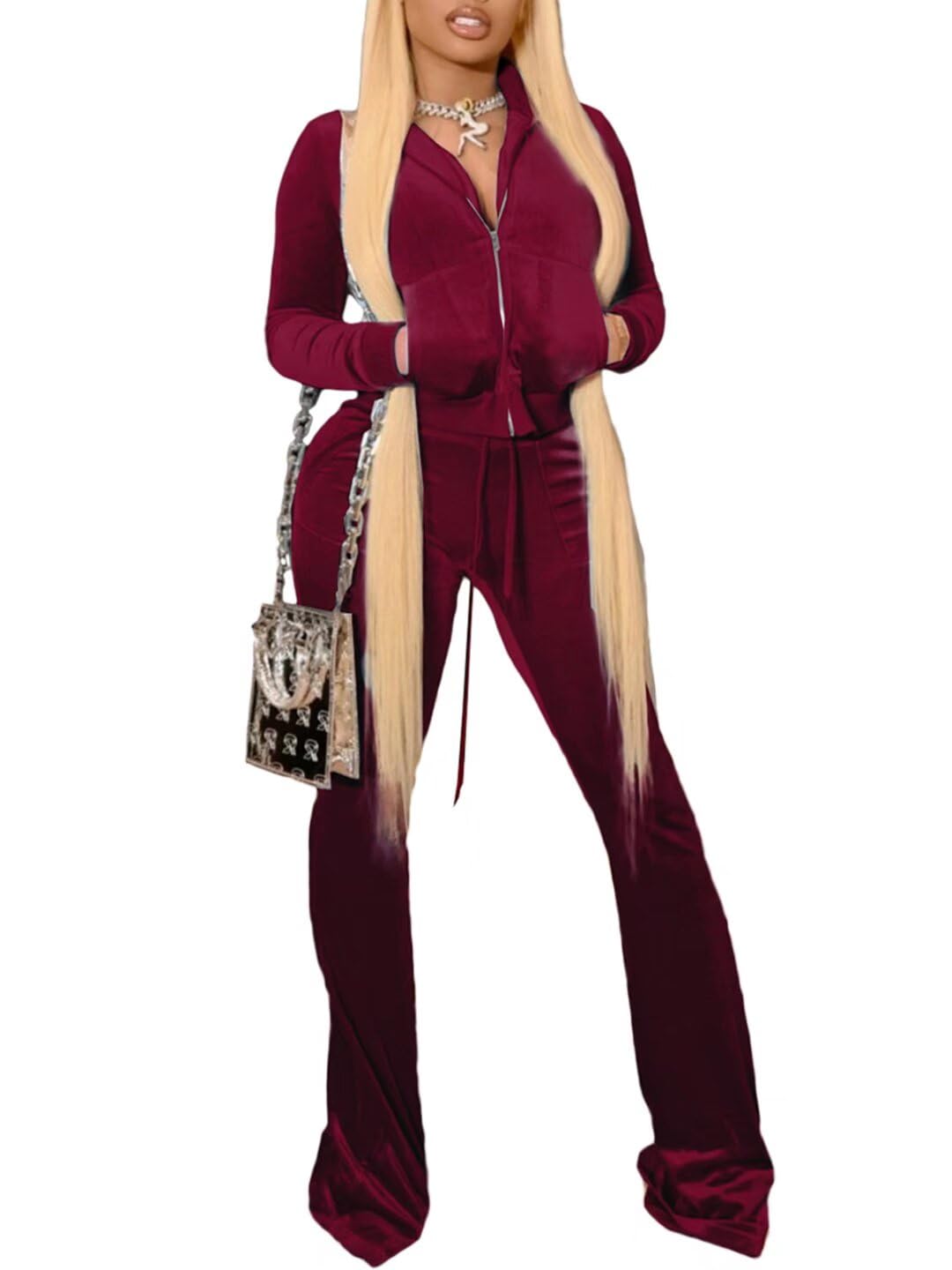 Women's 2-Piece Velour Tracksuit Set - Soft Crop Jacket & Flared Pants for Lounge, Gym, and Streetwear Fashion | Comfortable Outfit for Casual Wear, Workouts & Night Out