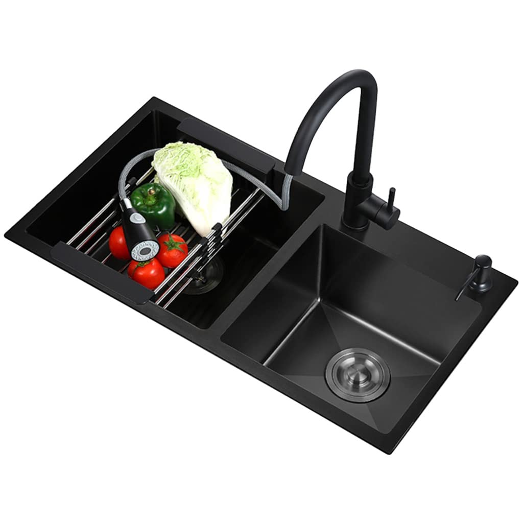 Black Double Bowl Bar Kitchen Sink with Pull-Out Faucet - 304 Stainless Steel Drop-in/Undermount Sink (72x40cm) - Perfect for Home Bars, Small Kitchens & RV Use