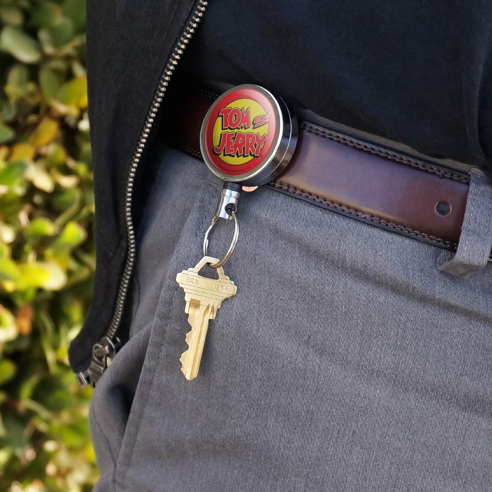 Tom and Jerry Logo Heavy Duty Metal Retractable ID Badge Holder - Key Card Reel with Belt Clip for Work, Office, School, and Security Access