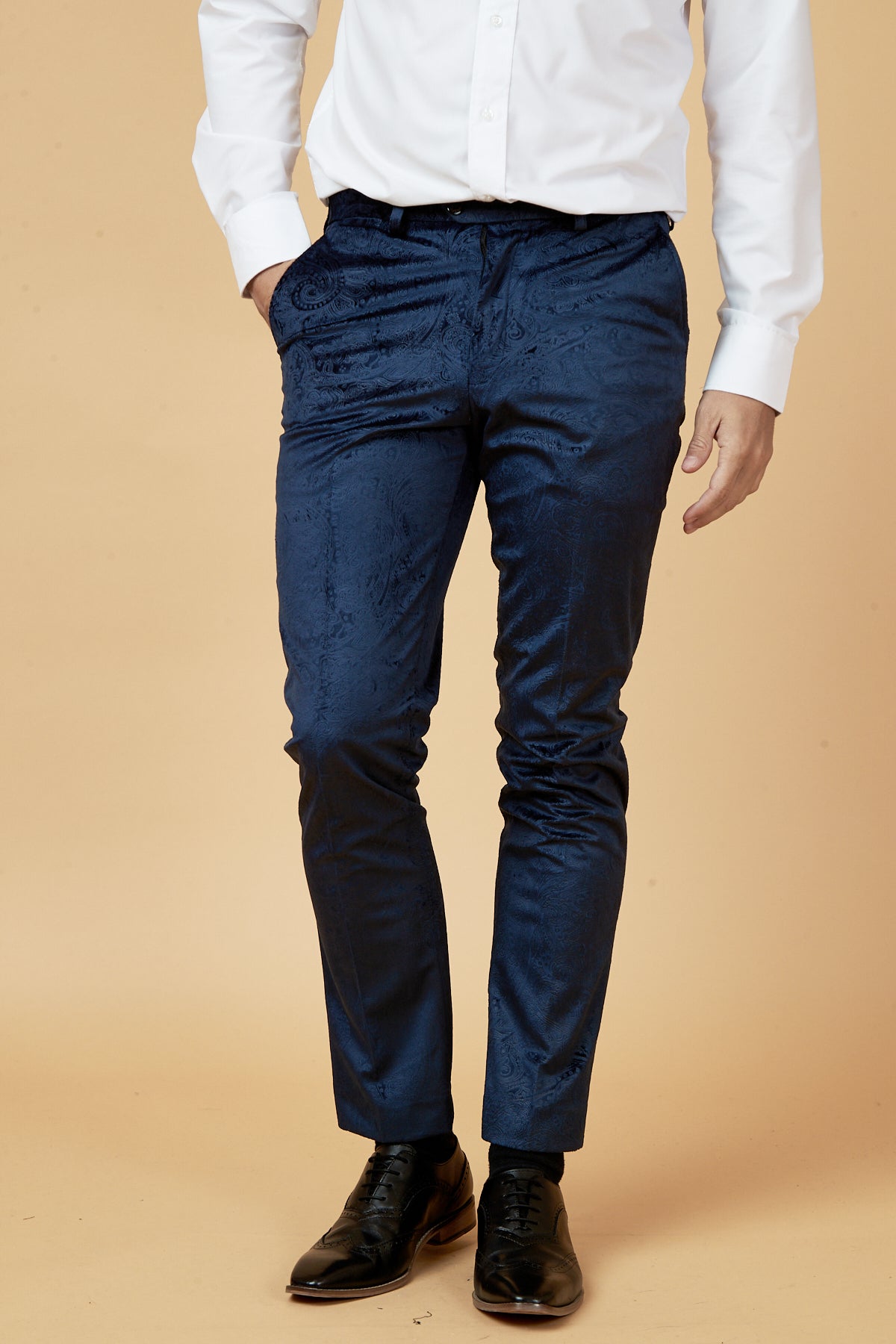 SIMON Navy Velvet Jacquard Trousers for Women - High Waist Stretch Dress Pants for Office, Party & Evening Wear