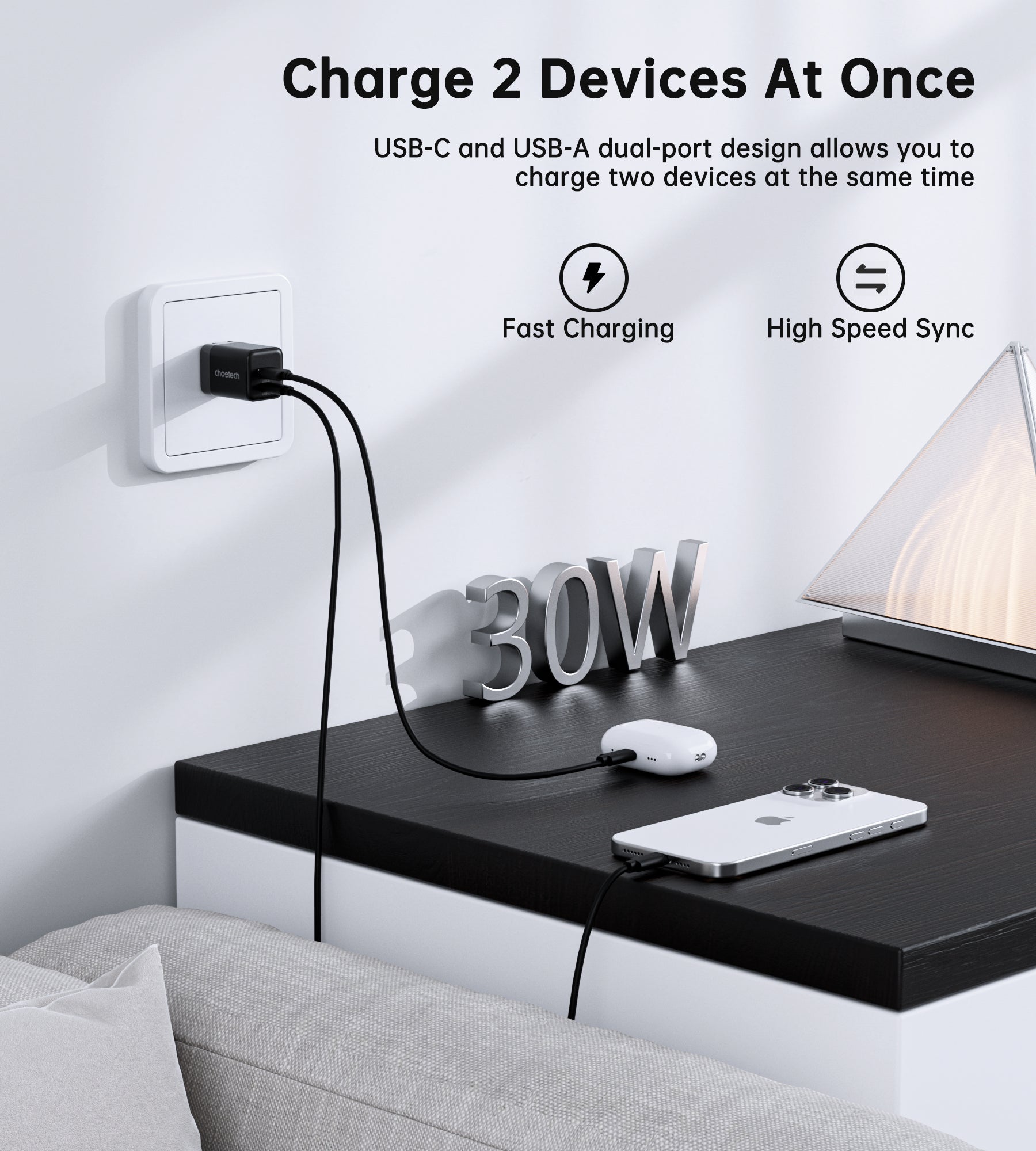30W GaN Fast Charger with Dual USB C & USB A Ports - Compatible with iPhone 16/15/14/13, Samsung Galaxy, iPad, MacBook - Compact & Powerful Travel Charger for Home, Office & Car Use