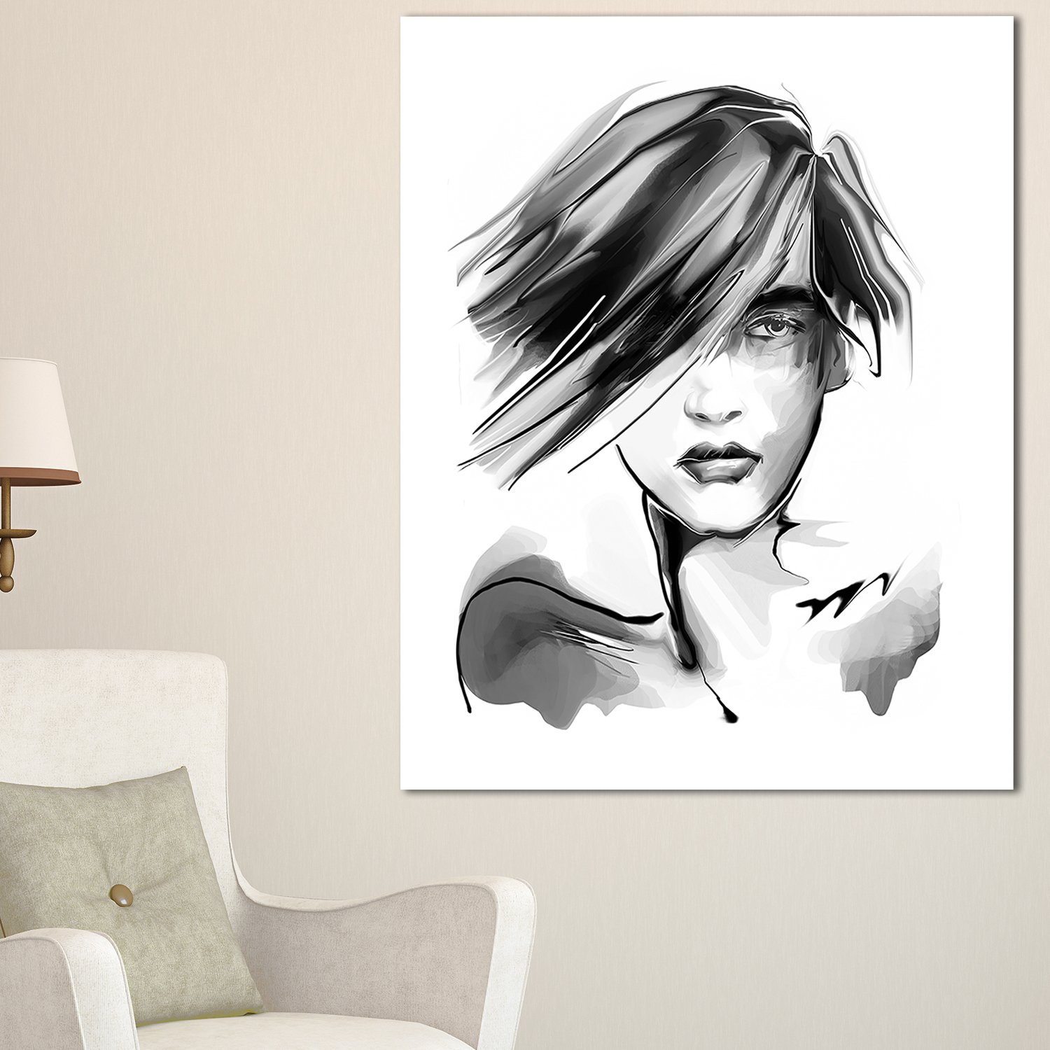 Designart PT8244-30-40 Young Woman Black & White Portrait Canvas Wall Art Print - 30x40 Inches - Modern Home Decor for Living Room, Bedroom & Office