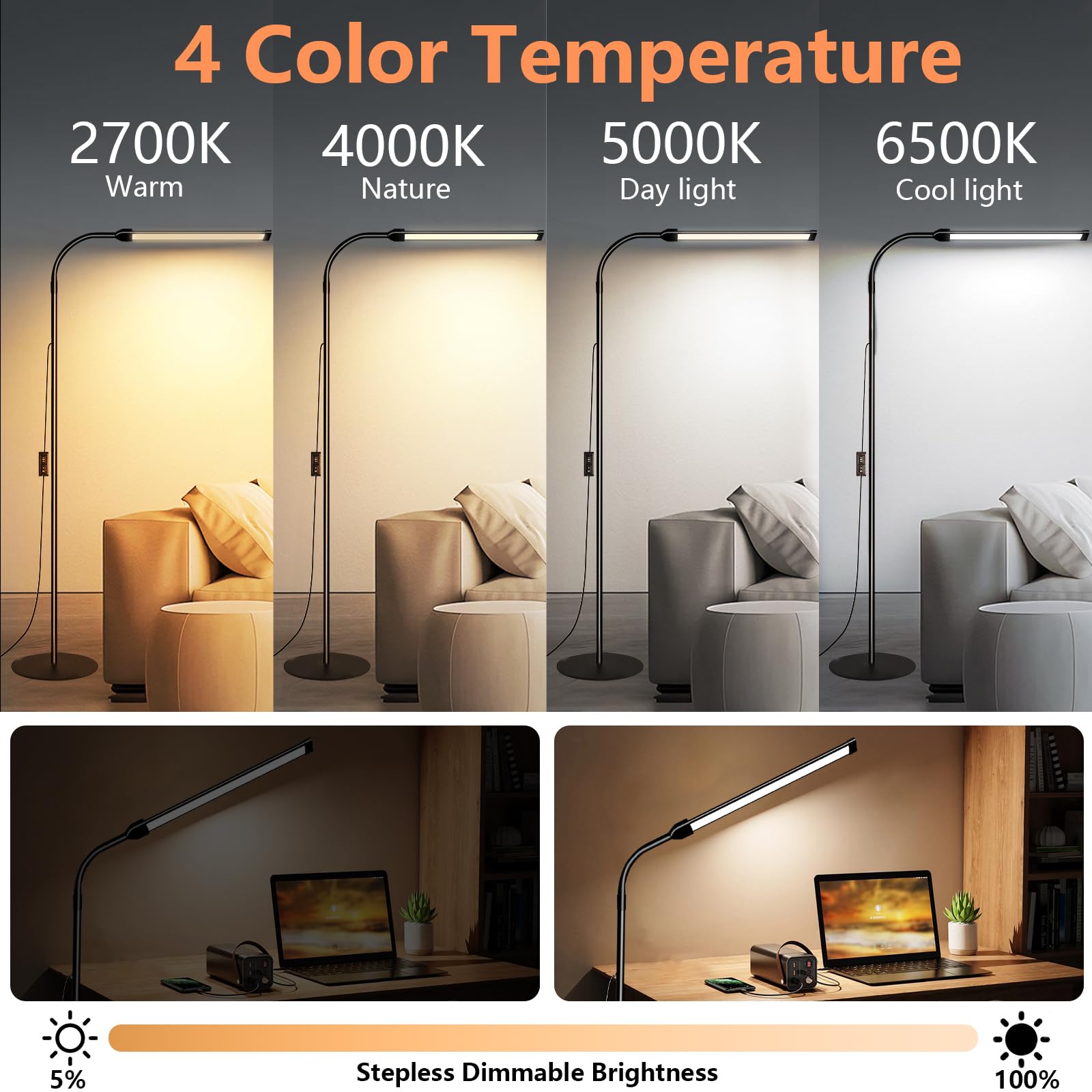 Bright LED Floor Lamp - Adjustable Gooseneck Standing Light for Home Office, Reading, Crafting & Sewing | Dimmable Task Lighting for Bedroom, Tattoo Studio & Workspace