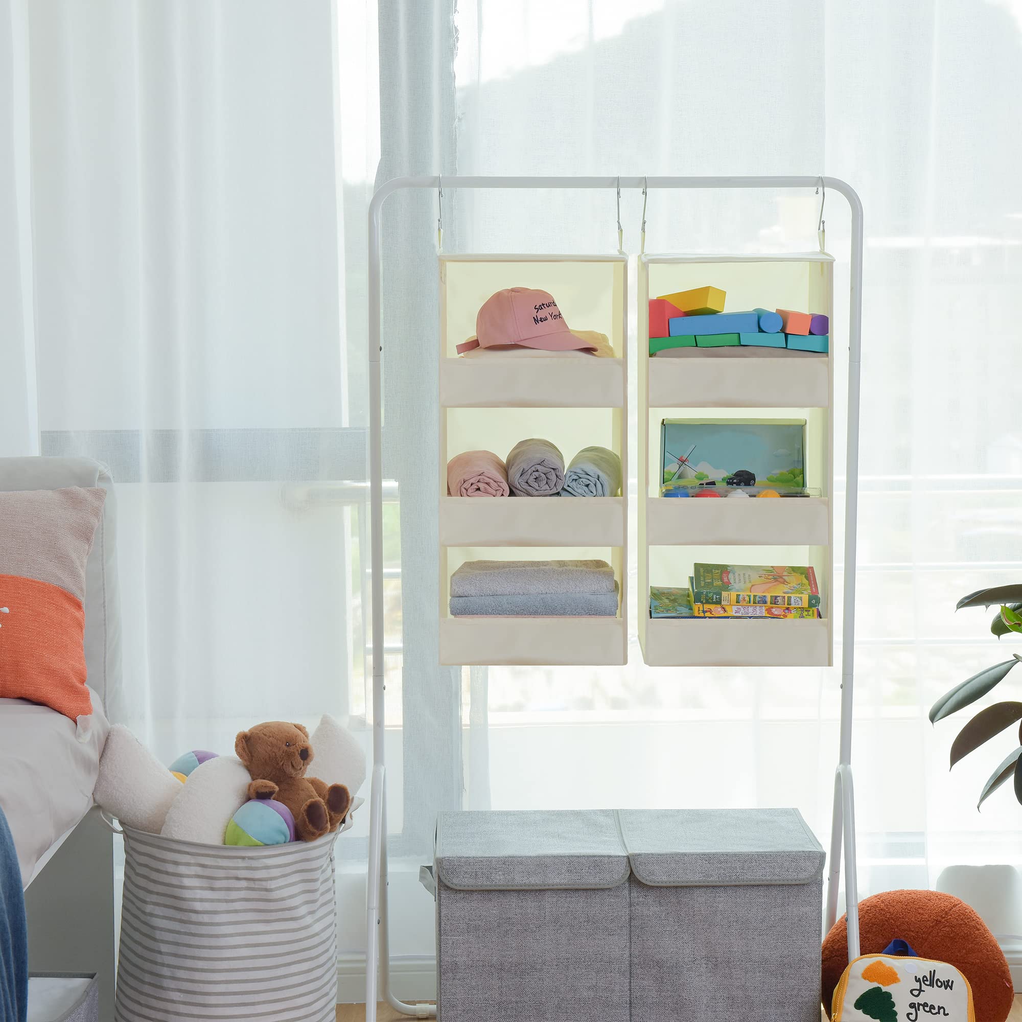 Foldable 3-Tier Hanging Closet Organizer - Space Saving Storage Shelves for Bedroom, Closet, RV & Camping - Beige Fabric Shelves (12