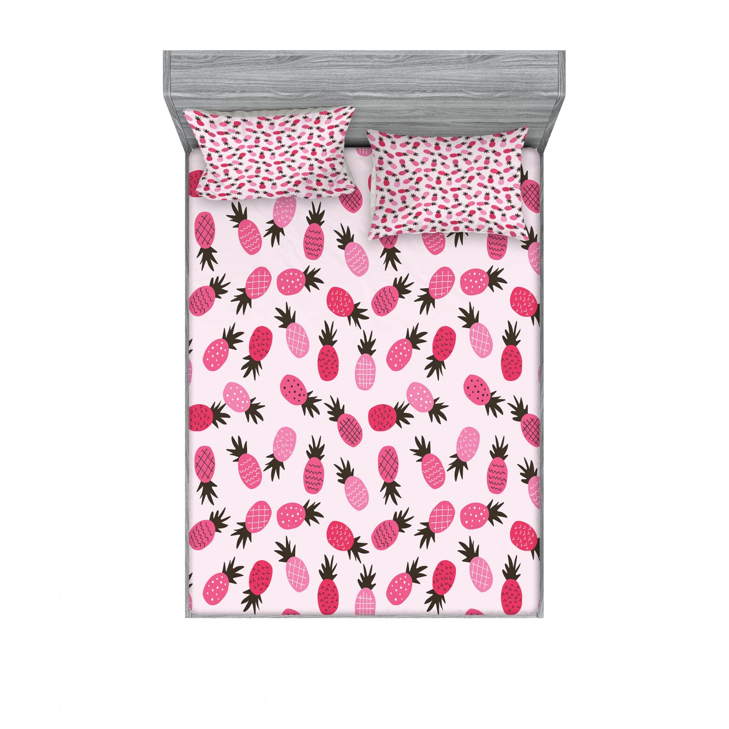 Ambesonne Pineapple 2-Piece Fitted Sheet & 4-Piece Pillow Sham Set - Doodled Exotic Tropical Style Bedding Decor in Pink, Black & Magenta - Queen Size - Perfect for Beach House, Summer Bedroom or Tropical Themed Decor