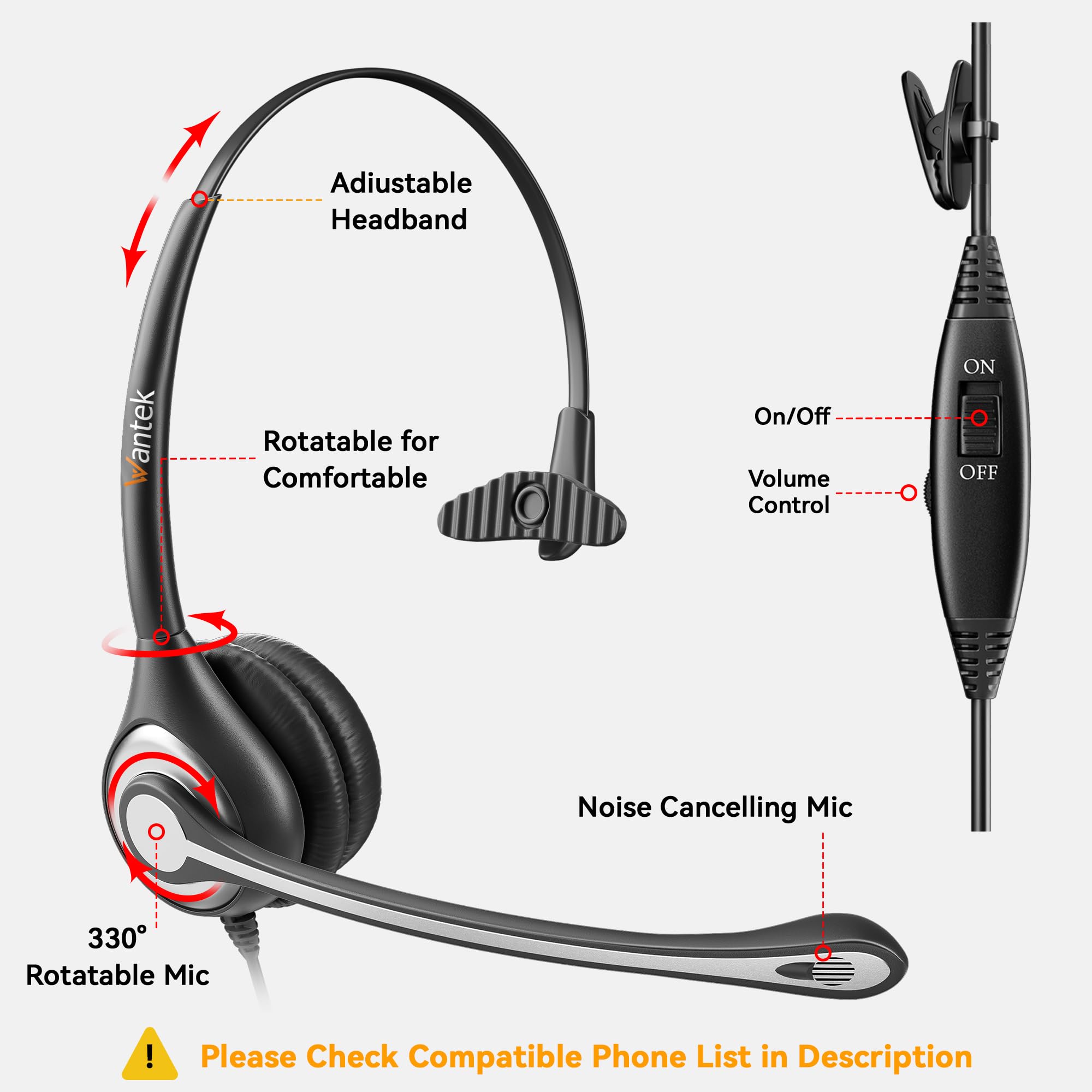 Wantek 600QS2 Mono Corded Telephone Headset with Noise Canceling Mic & Quick Disconnect - Compatible with ShoreTel, Polycom, Zultys, NEC Dterm, Nortel Norstar, Meridian, Siemens ROLM, Packet8 Landline Deskphones - Ideal for Call Centers, Office Communications & Customer Service