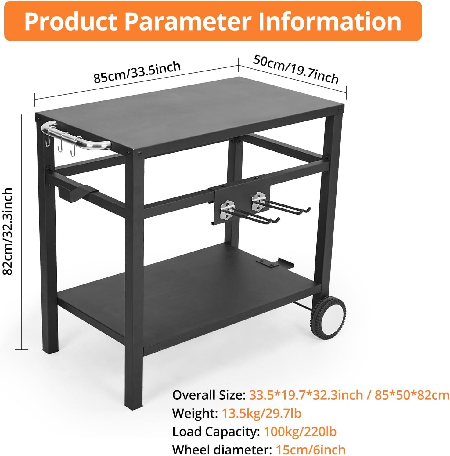 Premium Rolling Bar Cart with Wheels & Hooks - Outdoor BBQ Prep Table, Pizza Oven Stand & Grilling Station - Double Shelf Mobile Kitchen Cart with Side Handle - Perfect for Backyard, Patio, Camping & Home Kitchen Use (Black)
