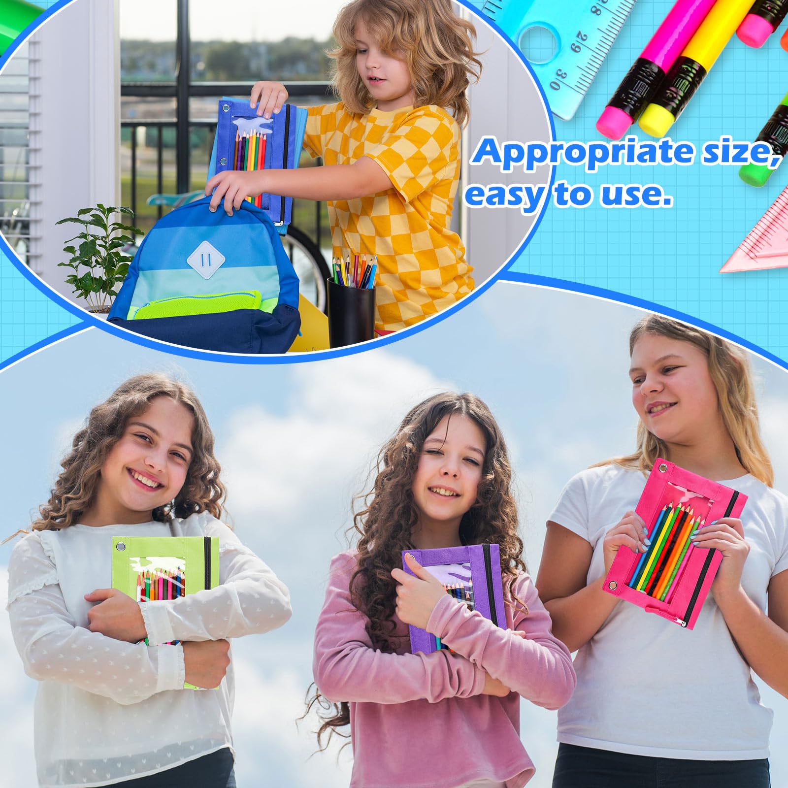 100-Piece Bulk Zipper Binder Pencil Pouches - 3-Ring Binder Pouch with Clear Window for School & Office Supplies (8 Colors, Single Layer) - Perfect for Organizing Pens, Pencils, Art Supplies in Classroom, Home or Office