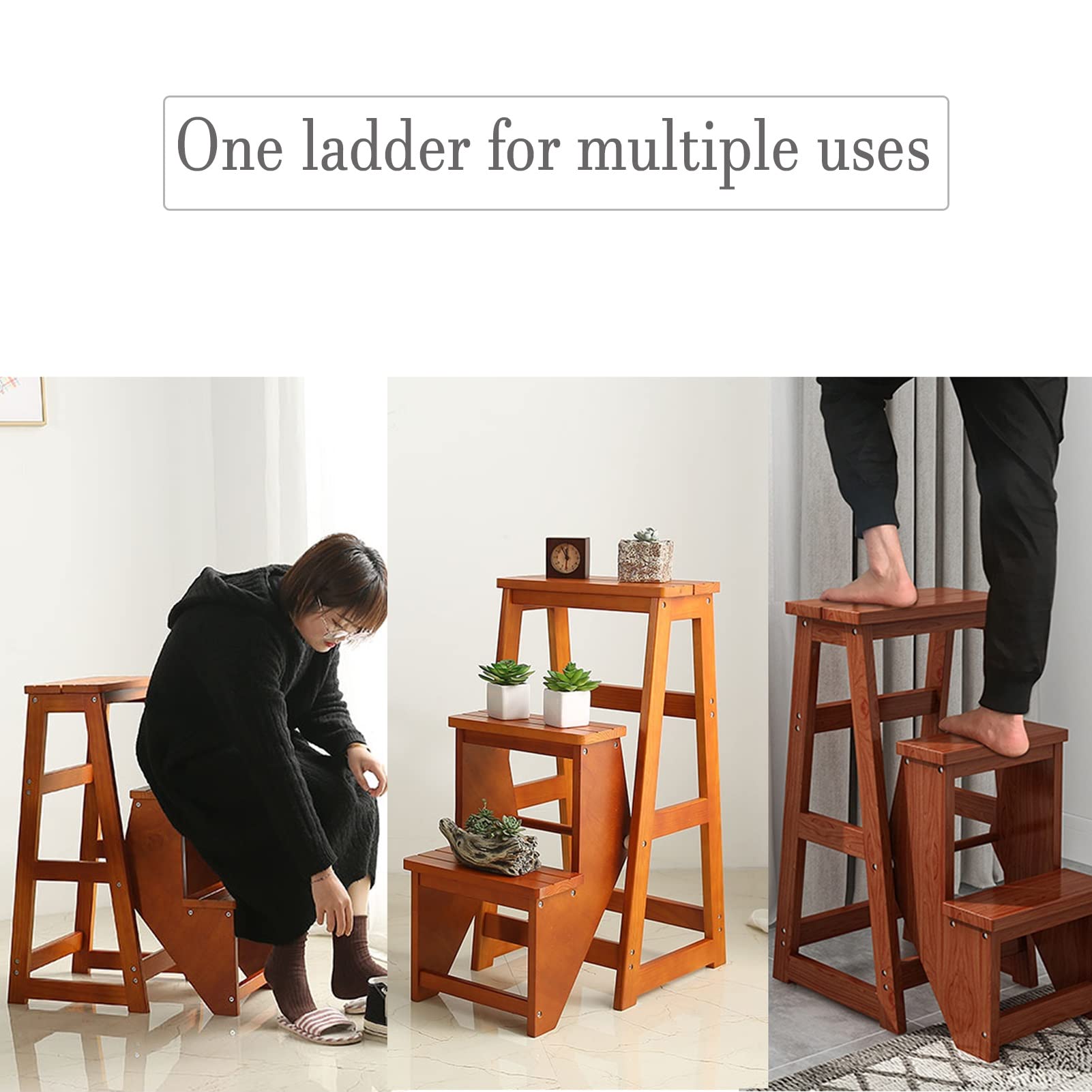 KAZUP 3-Step Wooden Folding Step Stool for Home, Multi-Functional Library Step Ladder with Storage Shelf - Perfect for Kitchen, Bathroom, Kids Room & Book Organization
