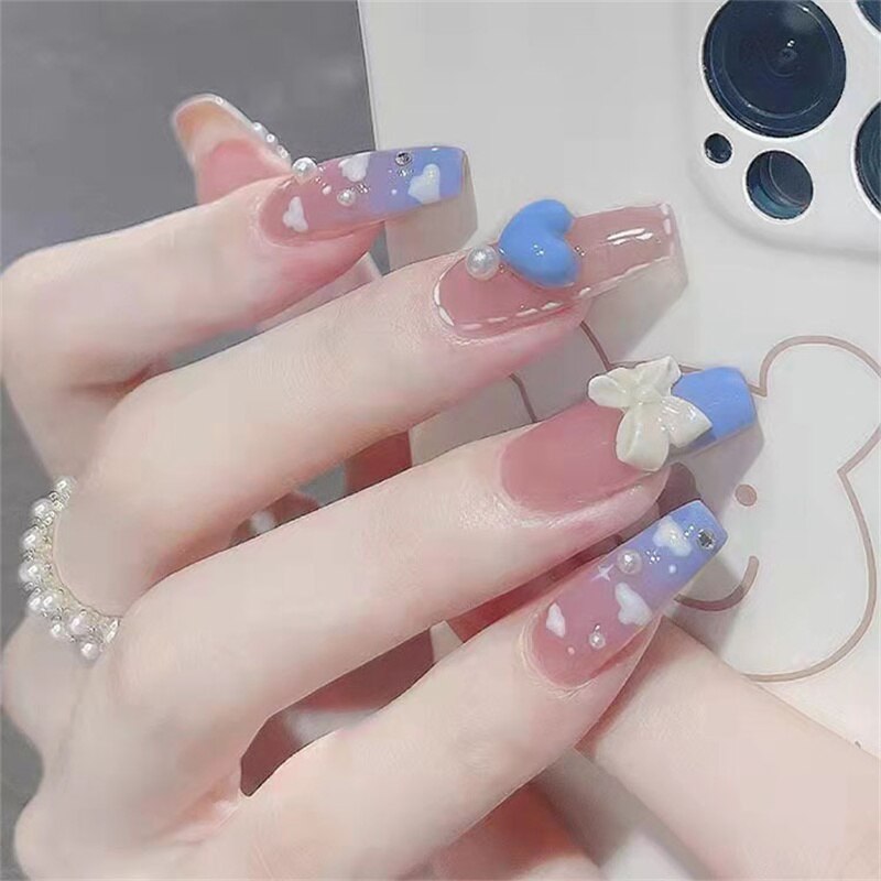 24PCS Glitter Press On Nails - Korean Style Heart Rhinestone Coffin Fake Nails | Full Cover Acrylic Nail Tips for Women | Perfect for Parties, Weddings & Daily Wear | Great Gift Idea for Girls