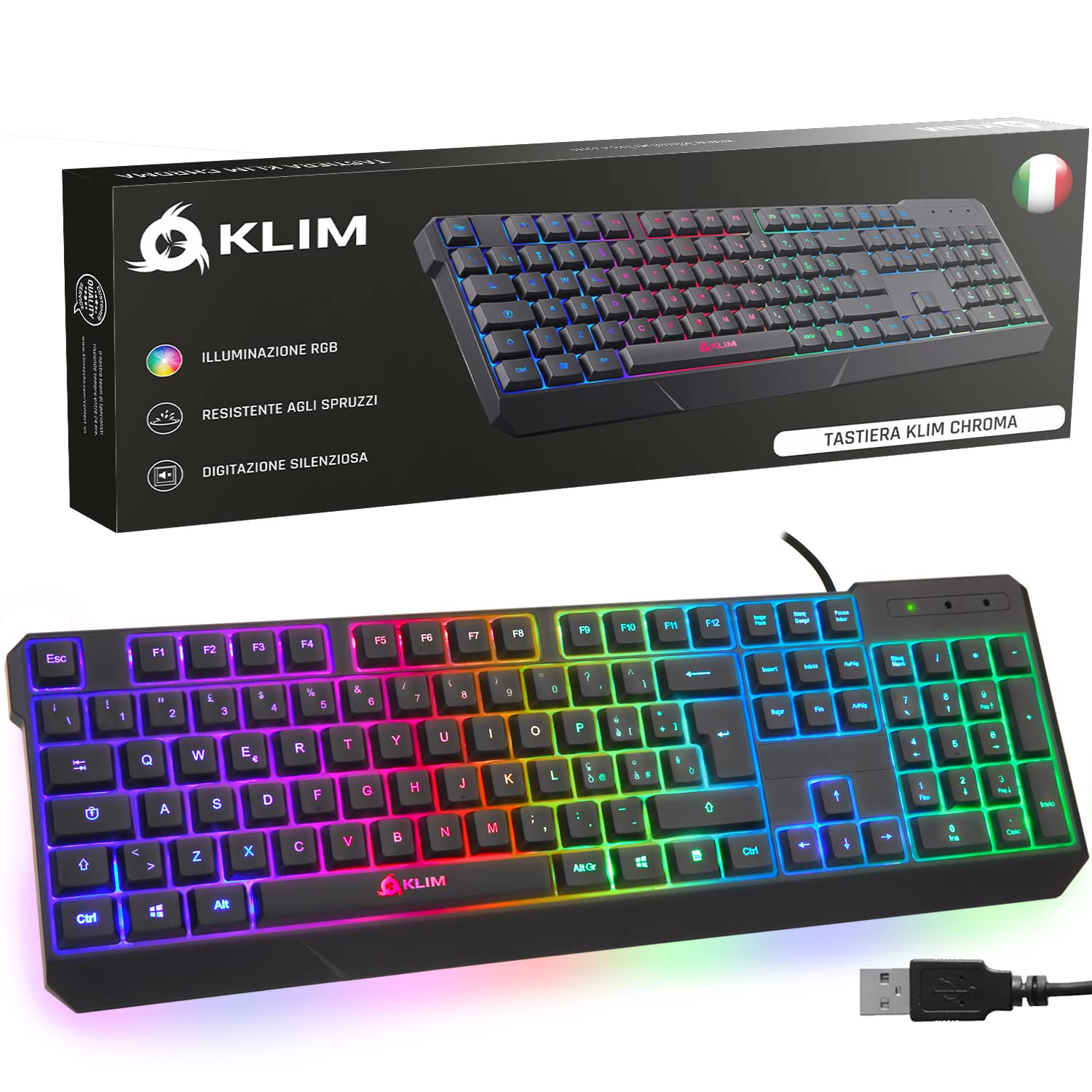 KLIM Chroma Italian USB Gaming Keyboard - RGB Backlit Mechanical Keyboard for PC, PS4, PS5, Windows & Mac - Black | Perfect for Gaming, Streaming & Office Work
