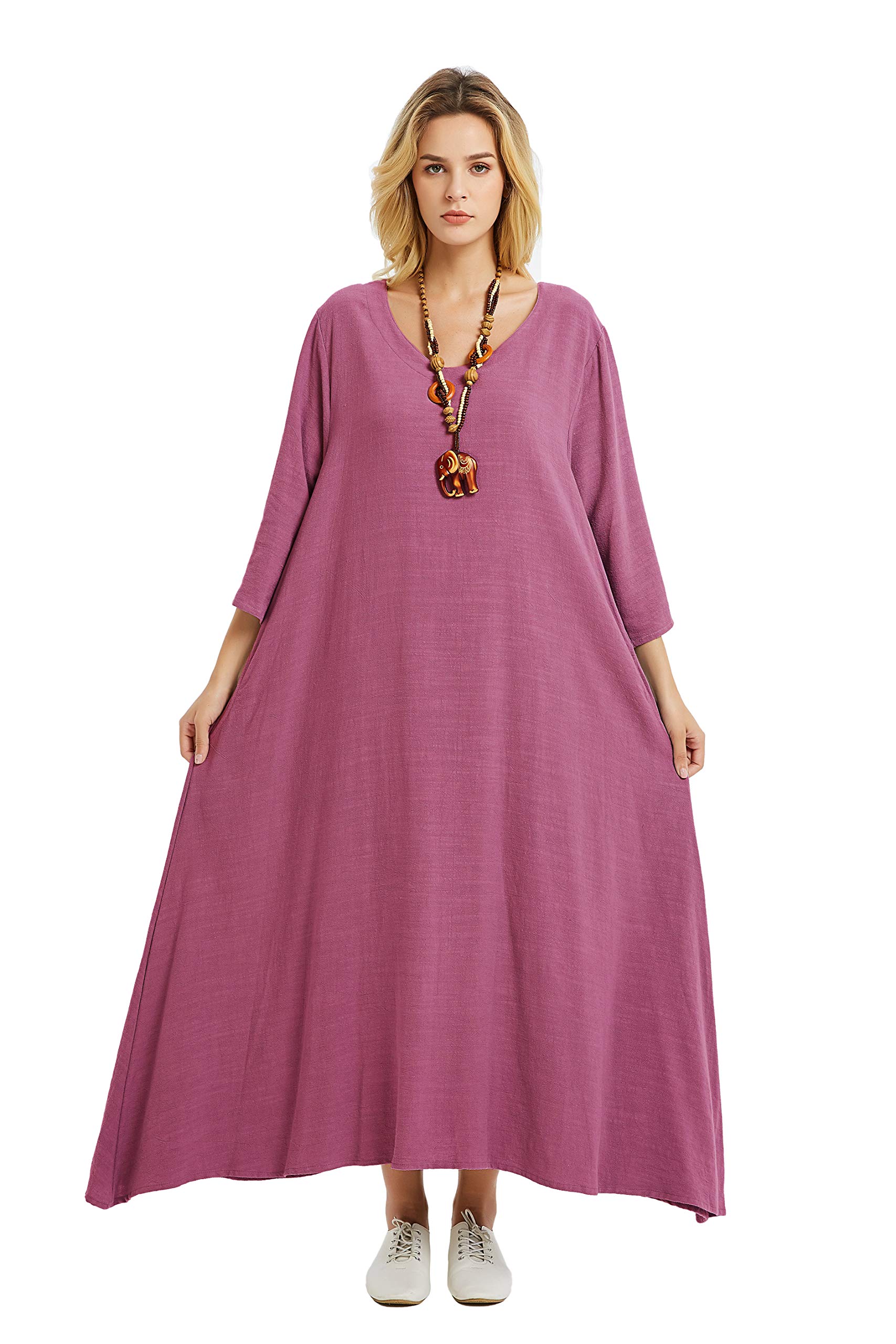 Anysize 3/4 Sleeve Linen Cotton Blend Soft Loose Dress for Women - Plus Size Spring & Fall Casual Wear - Perfect for Office, Brunch and Weekend Outings F175A