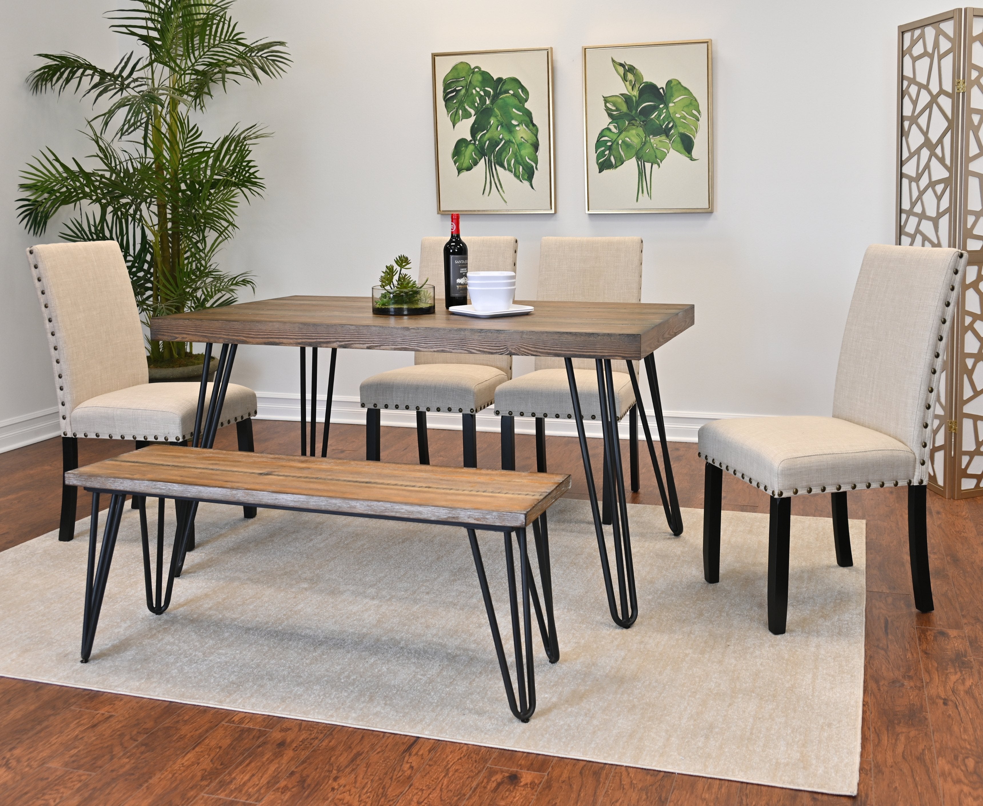 Roundhill Furniture Amisos 6-Piece Dining Set - Hairpin Leg Dining Table with 4 Chairs & Wooden Bench | Modern Kitchen & Dining Room Furniture for Small Spaces