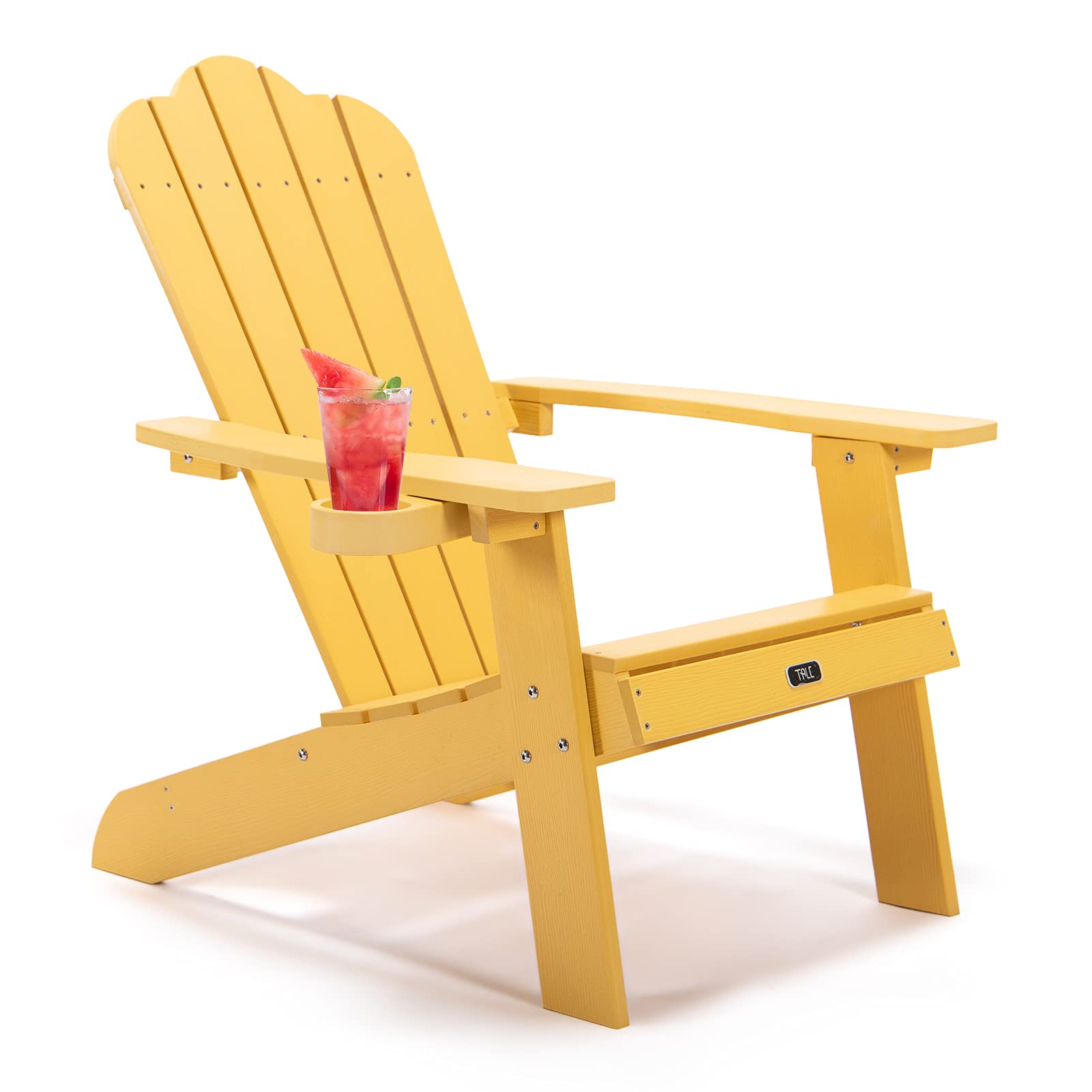 Premium Plastic Wood Adirondack Chair with Cup Holder - Durable Outdoor Patio Furniture for Garden, Deck, Porch & Backyard - Comfortable Yellow Painted Seating for Relaxing in Sun or Shade