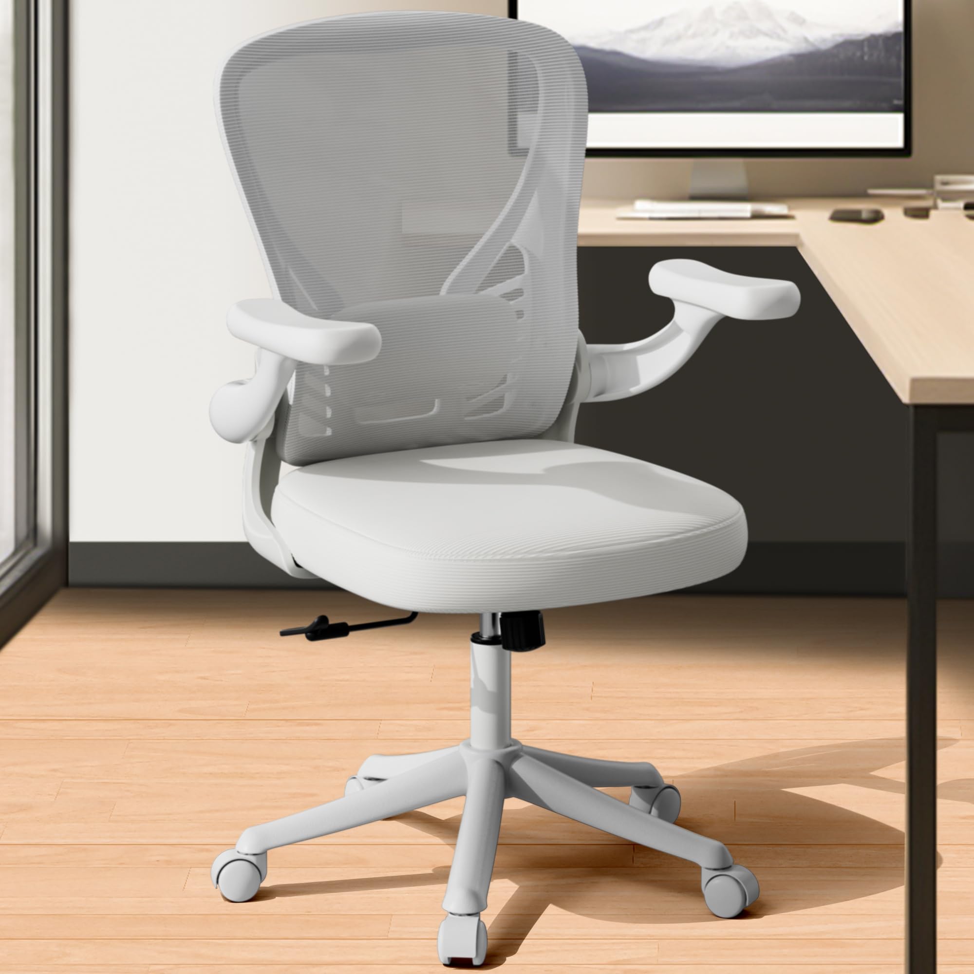 Ergonomic Mesh Office Chair with Wheels & Flip-Up Arms - Adjustable Lumbar Support Swivel Desk Chair for Home & Office - White - Perfect for Long Work Hours, Gaming & Study Sessions