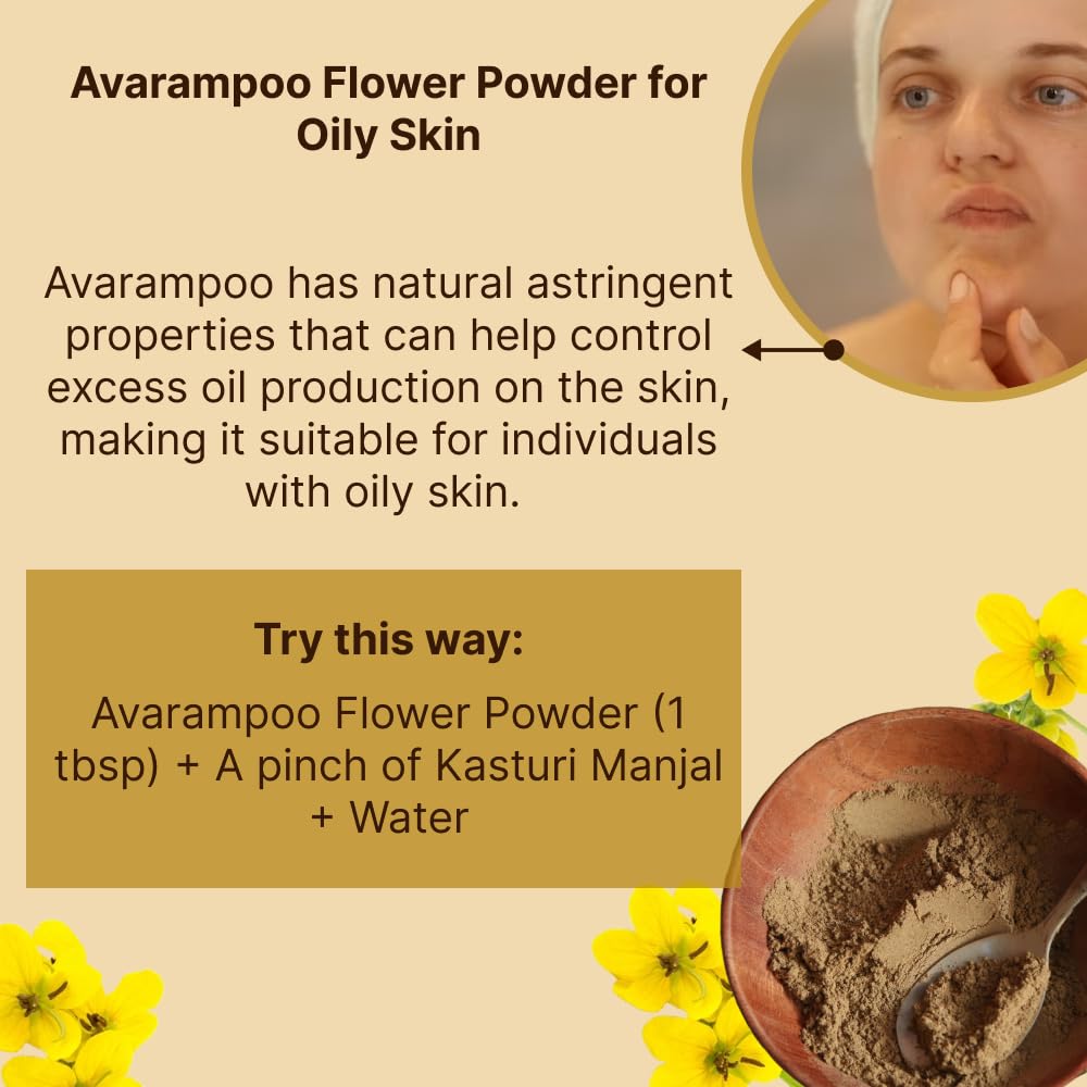 Organic Avarampoo Flower Powder (Senna Auriculata) - 100g for Face, Body & Hair Care | Natural Skin Brightening & Hair Growth Treatment | Perfect for DIY Beauty Masks & Ayurvedic Remedies