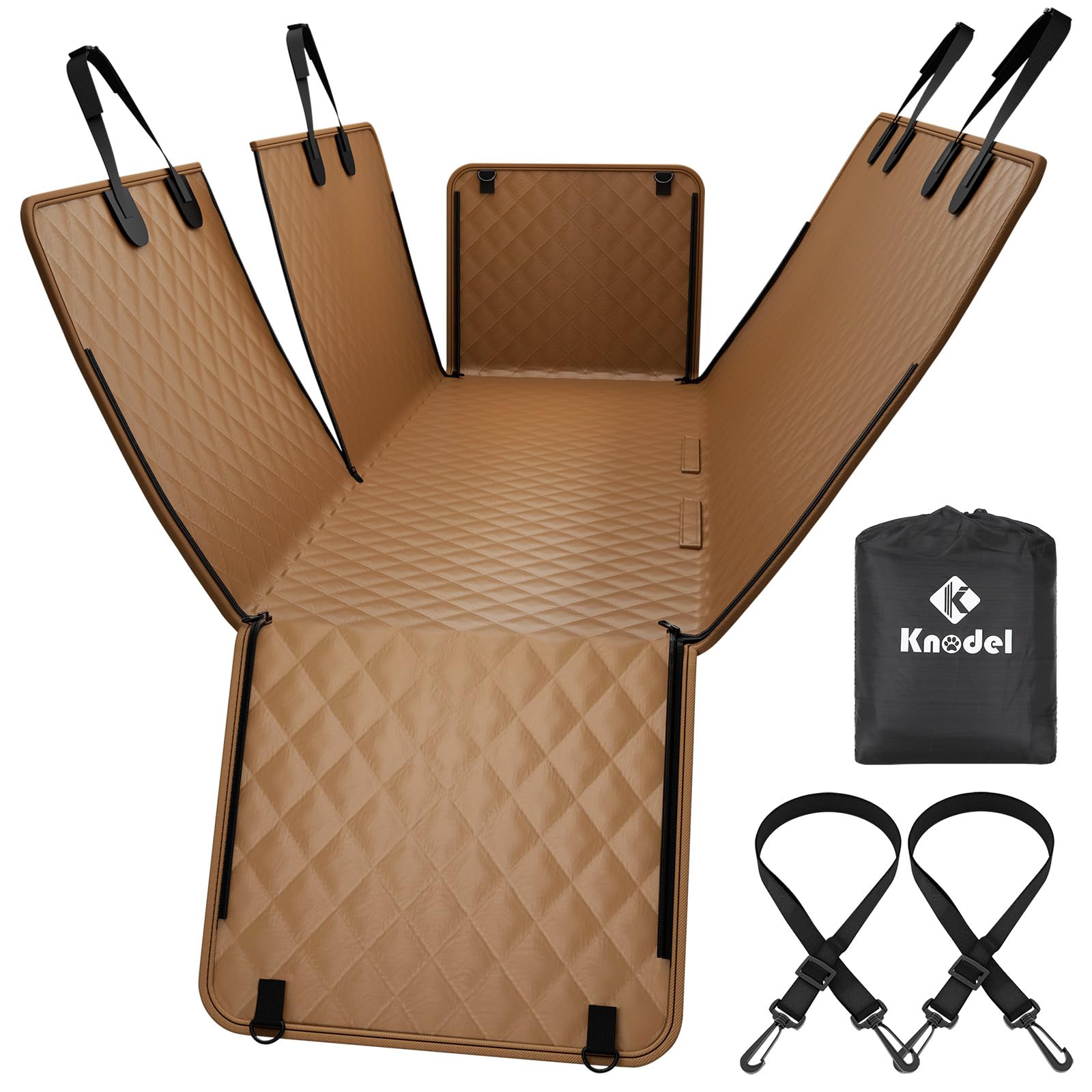 **K KNODEL Waterproof Dog Car Seat Cover - Heavy Duty Scratch Proof Pet Back Seat Protector with Zippered Side Flaps for Cars, Trucks & SUVs (Brown) - Perfect for Travel, Outdoor Adventures & Daily Commutes**